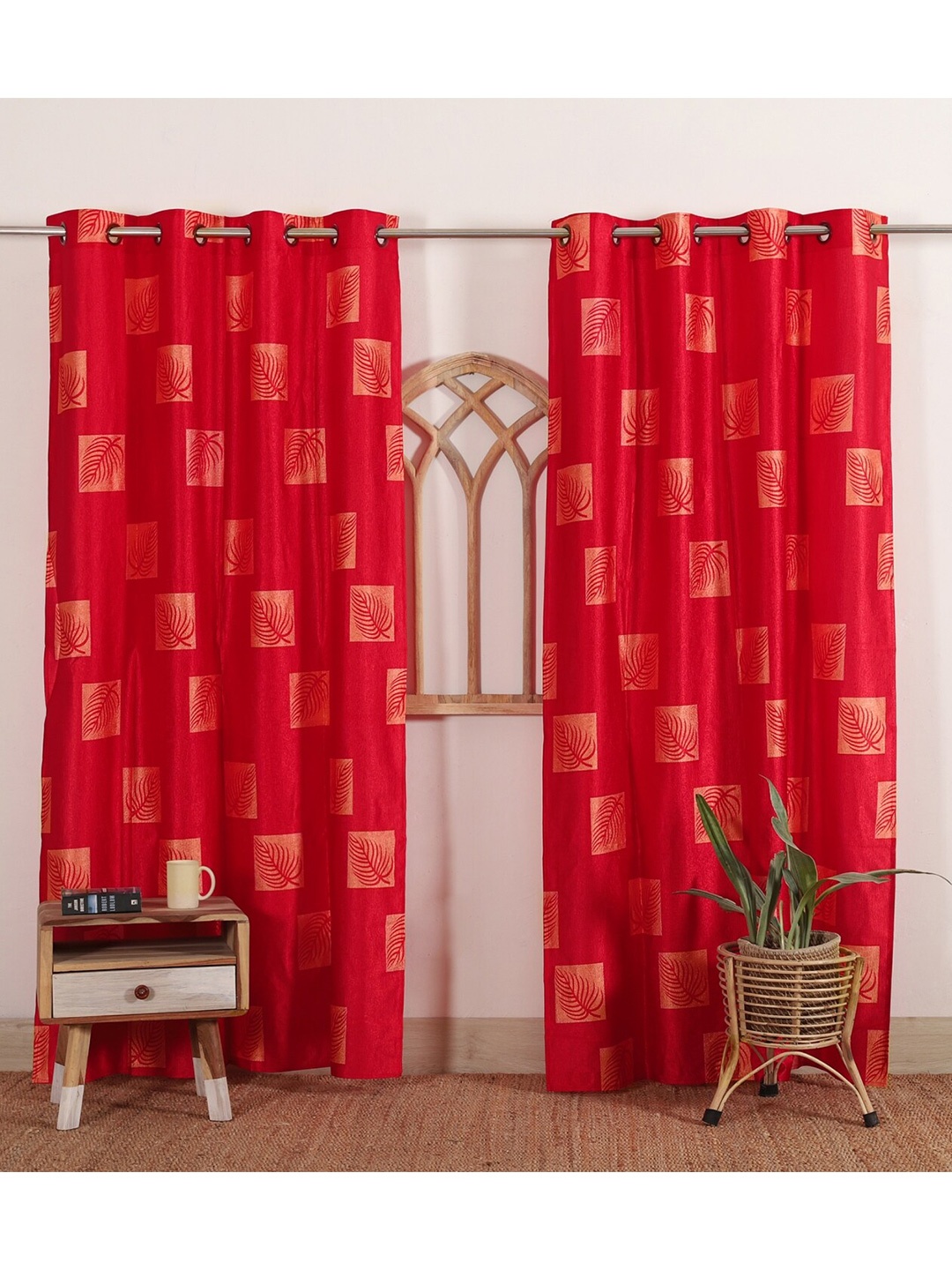 

HANDICRAFT PALACE Red & Beige Set of 2 Floral Black Out Door Curtain
