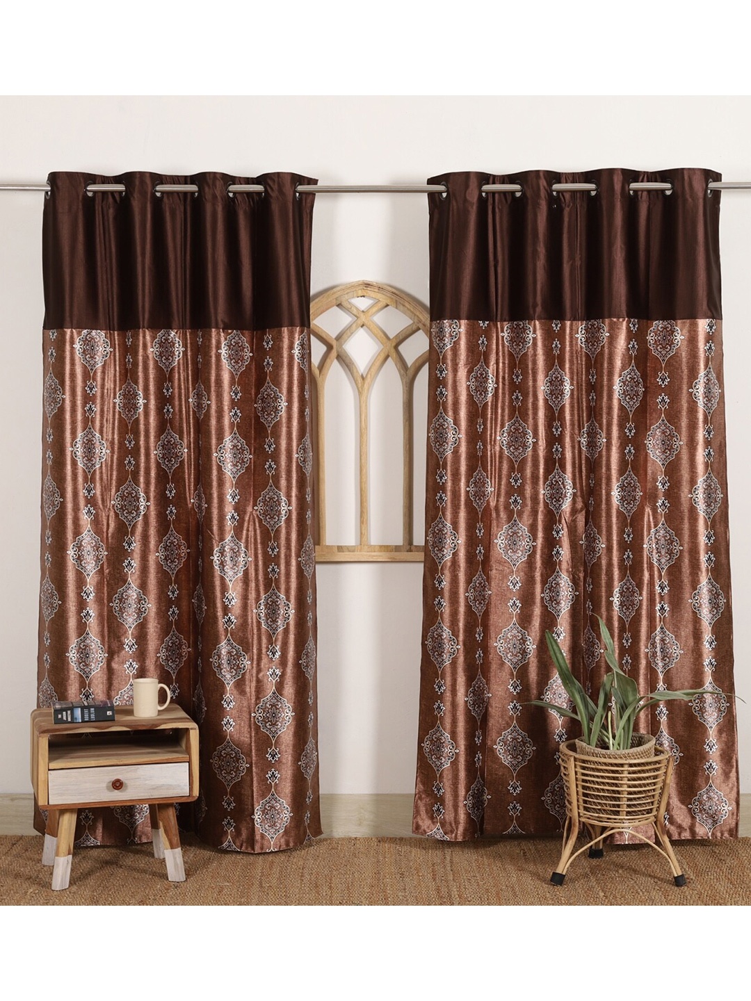 

HANDICRAFT PALACE Set of 2 Brown & White Floral Black Out Door Curtain