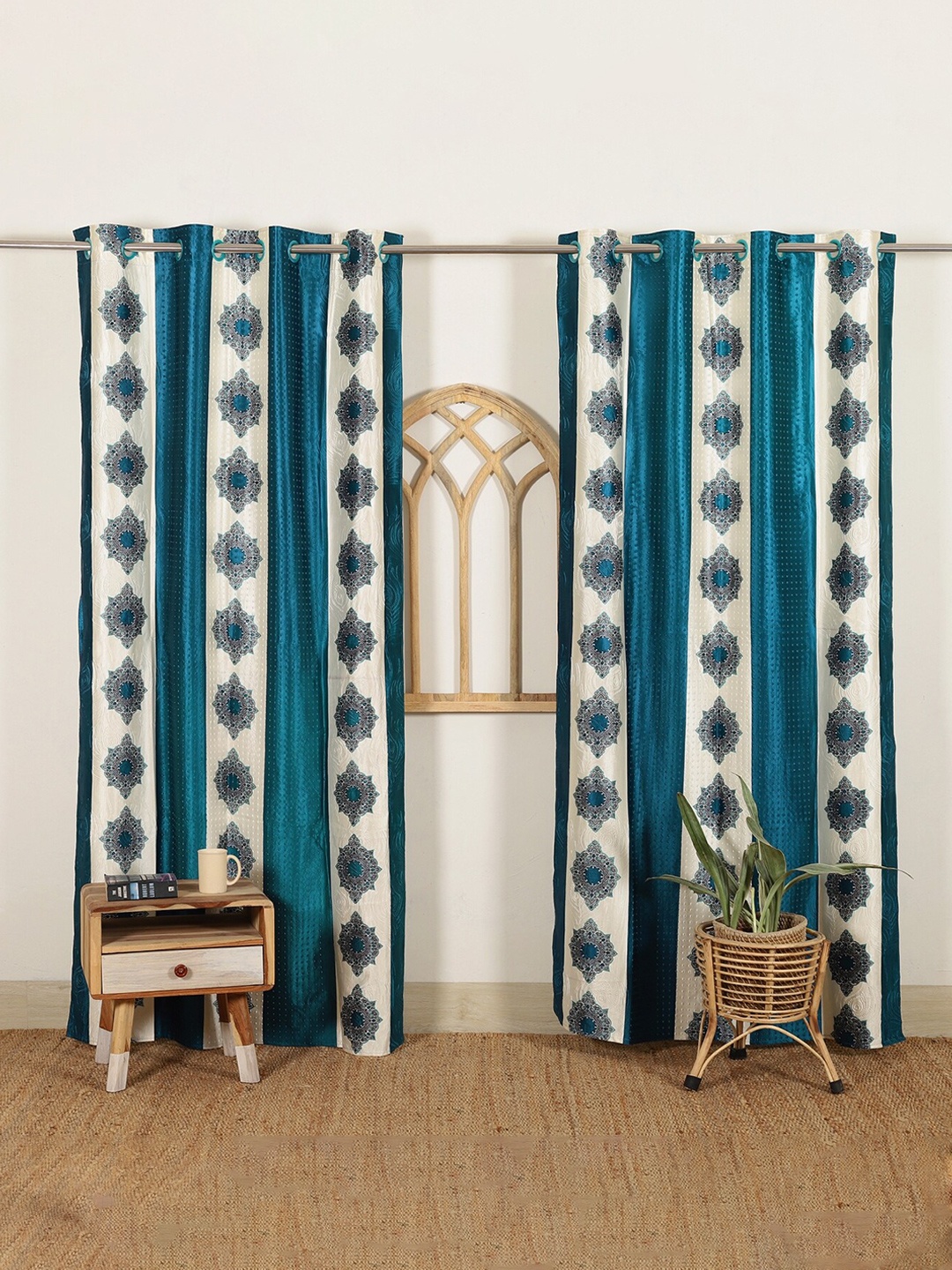 

HANDICRAFT PALACE Turquoise Blue & White Set of 2 Floral Black Out Door Curtain