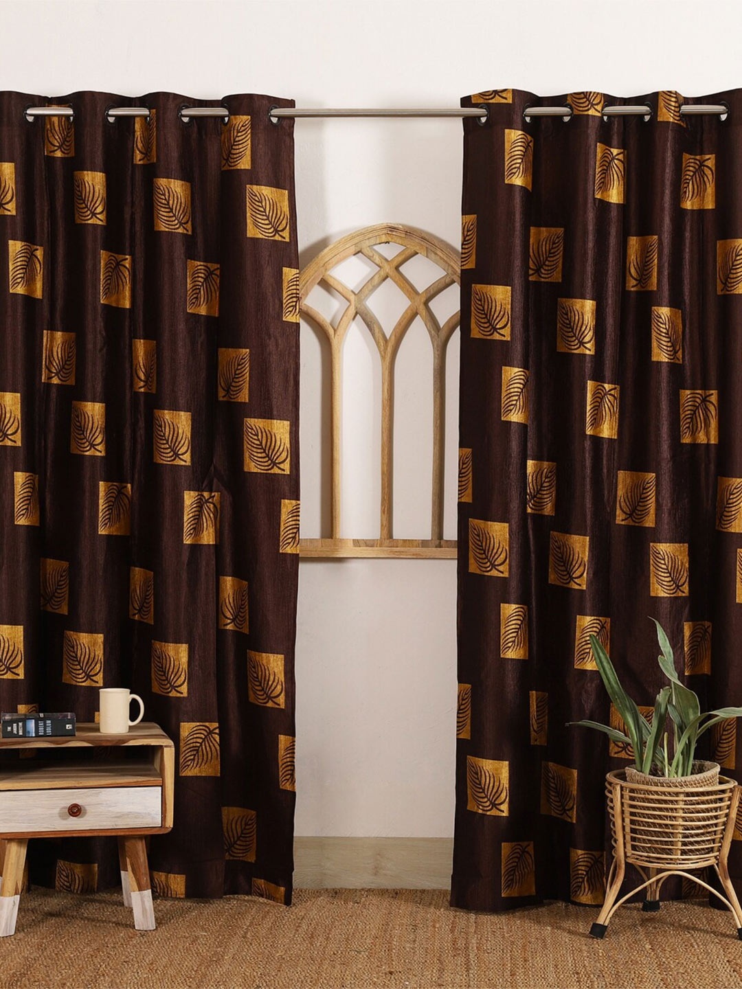 

HANDICRAFT PALACE Brown & Gold-Toned Set of 2 Floral Black Out Door Curtain