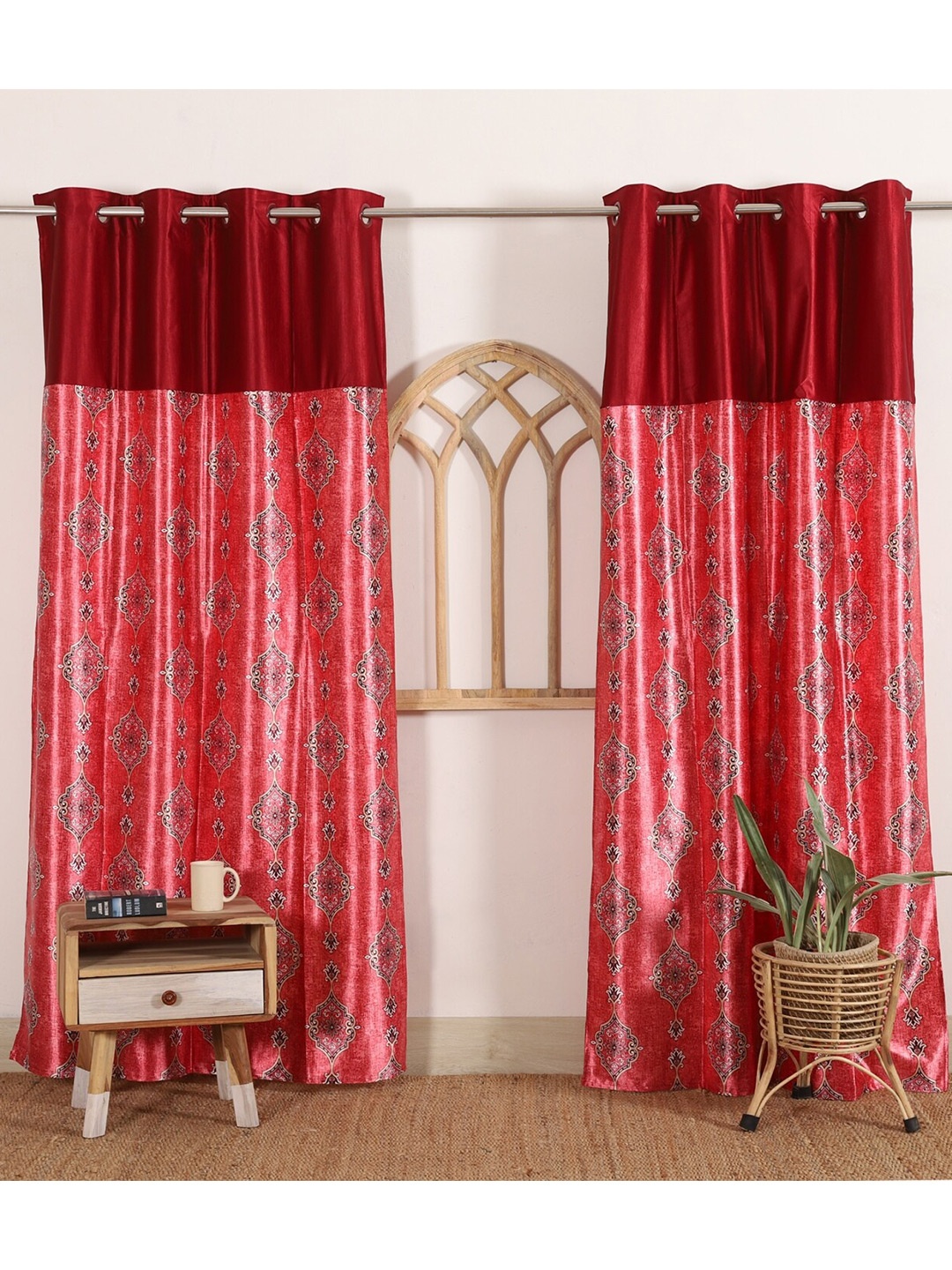 

HANDICRAFT PALACE Red & Beige Set of 2 Floral Black Out Door Curtain