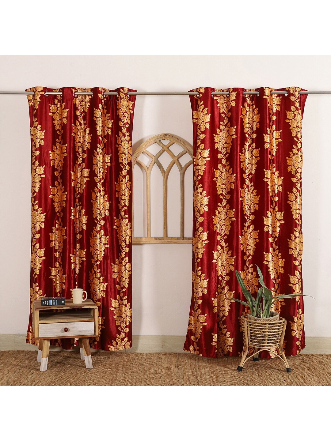 

HANDICRAFT PALACE Maroon & Orange Set of 2 Floral Black Out Door Curtain