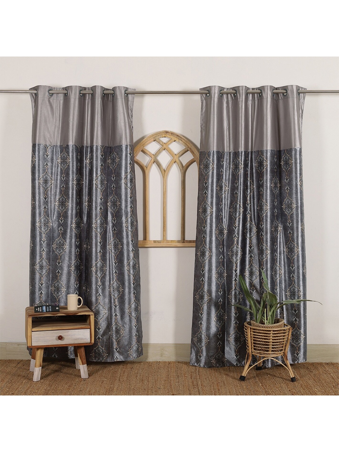 

HANDICRAFT PALACE Pack of 2 Grey & Beige Floral Printed Black Out Door Curtain