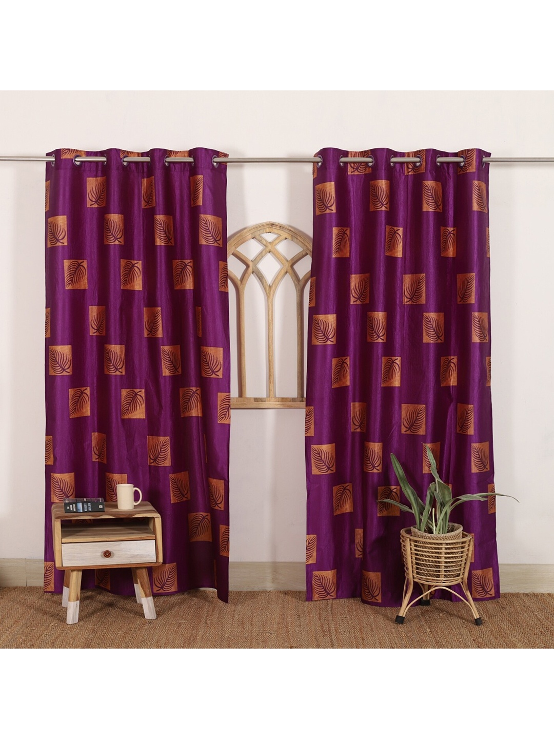

HANDICRAFT PALACE Purple & Gold-Toned Set of 2 Floral Black Out Door Curtain