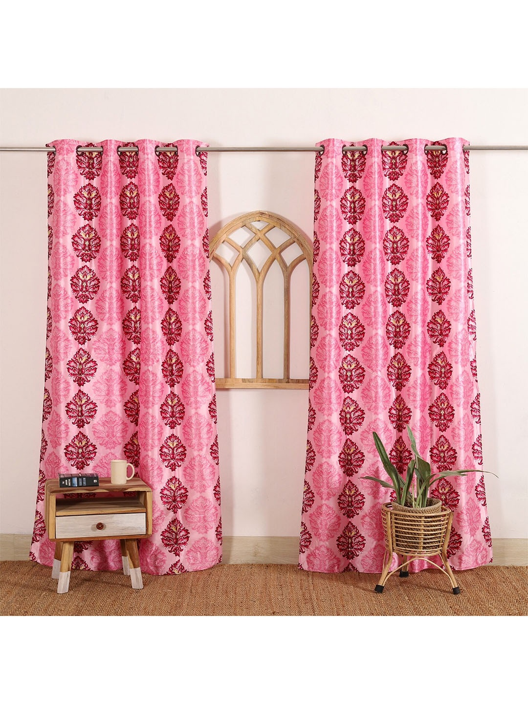 

HANDICRAFT PALACE Pink & Beige Set of 2 Floral Black Out Door Curtain