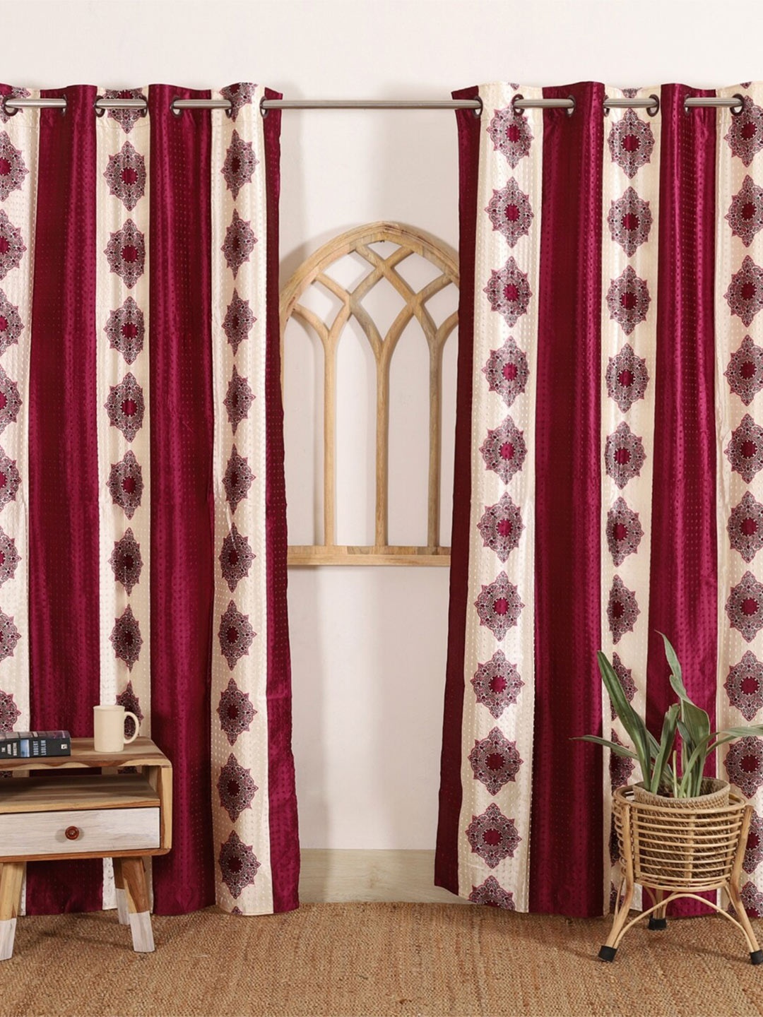

HANDICRAFT PALACE Pack of 2 Maroon & Beige Floral Printed Black Out Door Curtain