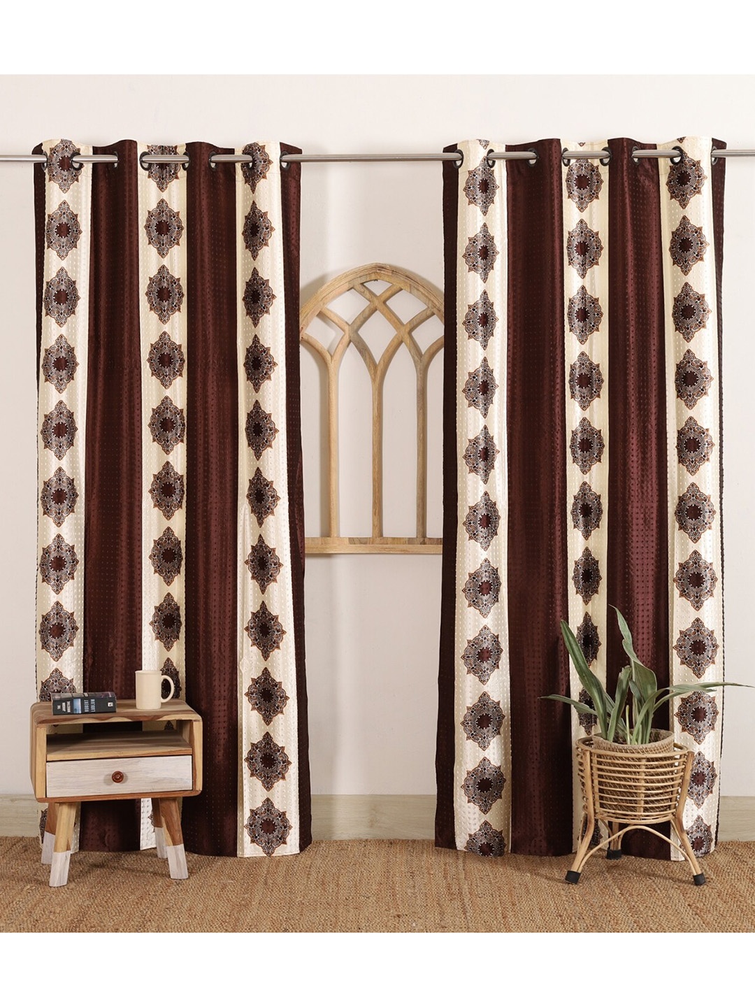 

HANDICRAFT PALACE Brown & Beige Set of 2 Floral Black Out Door Curtain