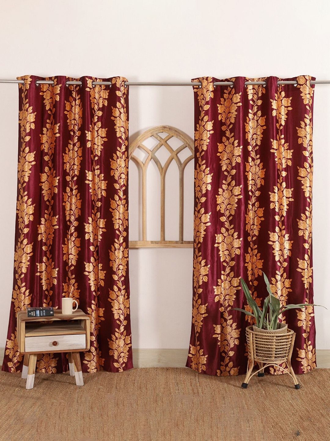 

HANDICRAFT PALACE Violet & Gold-Toned Set of 2 Floral Black Out Door Curtain