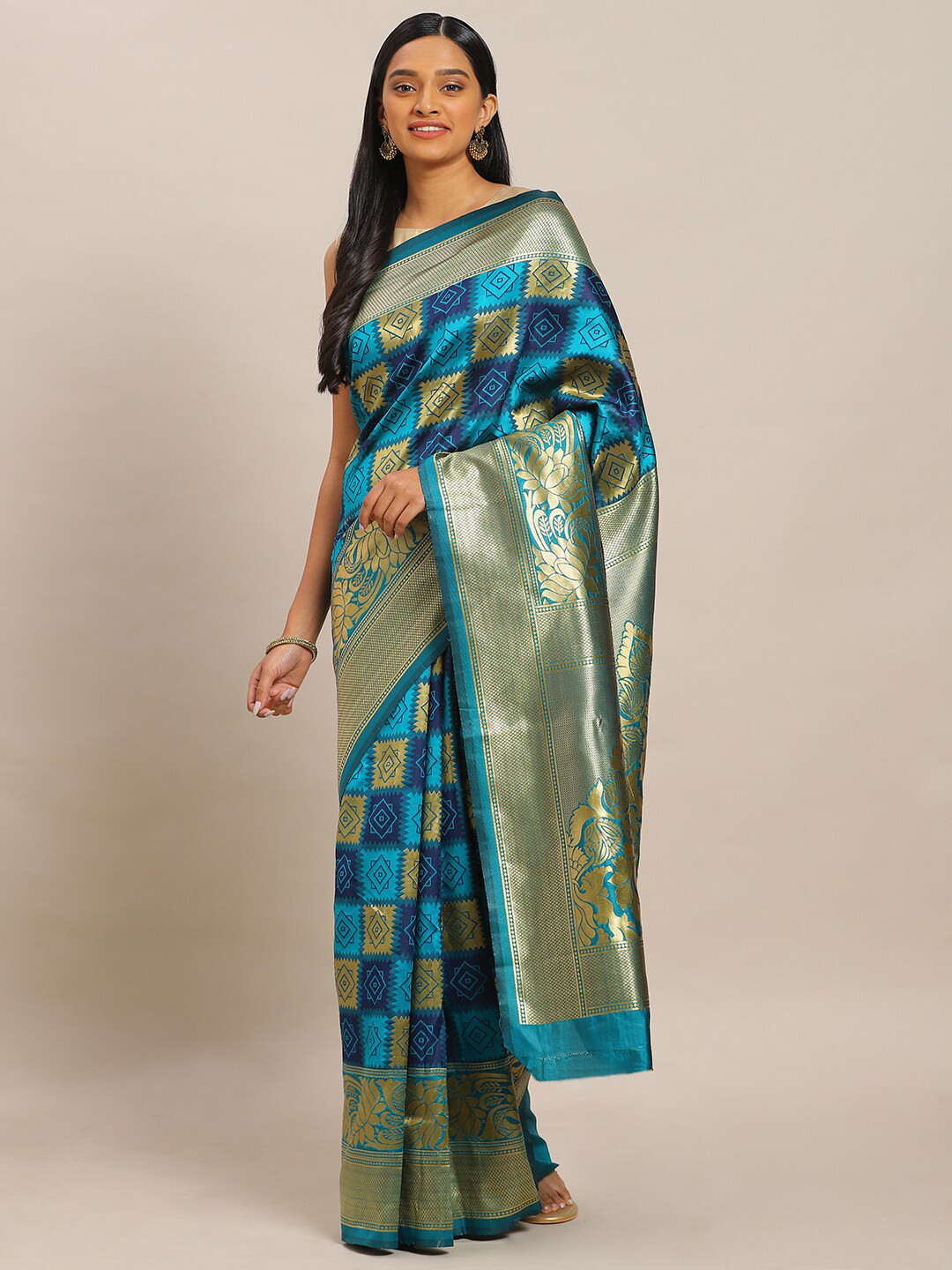 

KALINI Blue & Gold-Toned Woven Design Zari Silk Blend Banarasi Saree