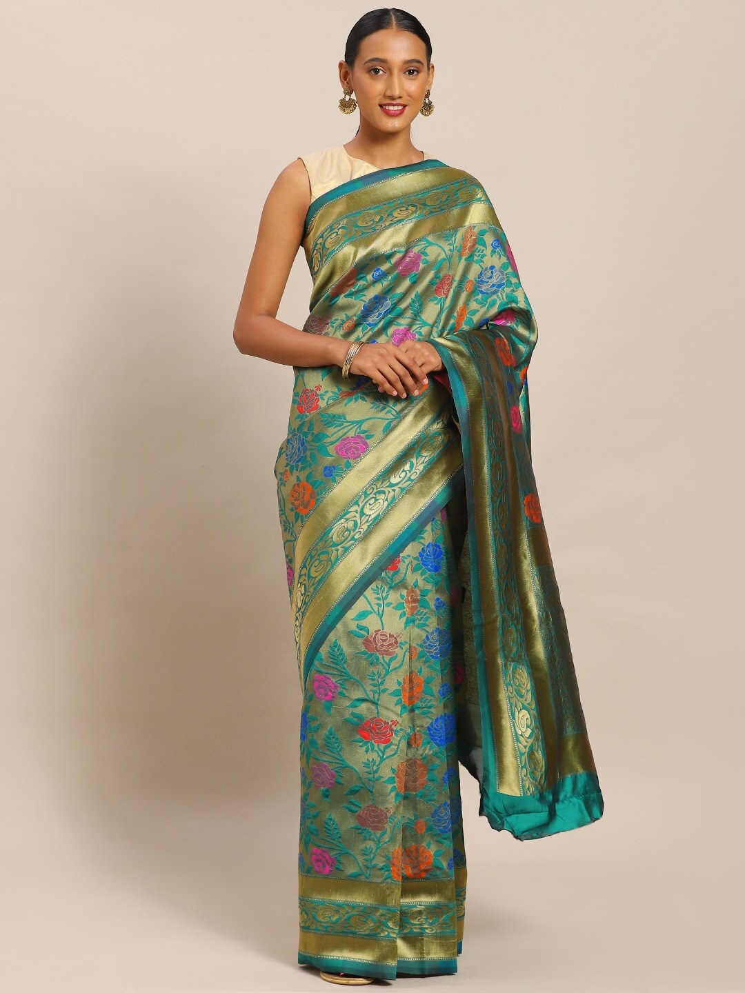 

KALINI Green & Gold-Toned Woven Design Zari Silk Blend Banarasi Saree