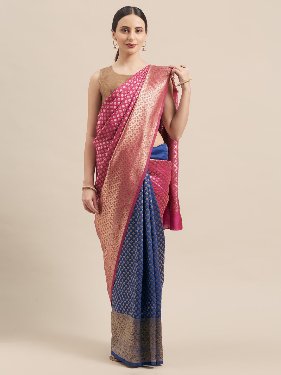 

KALINI Blue & Pink Ethnic Motifs Zari Silk Blend Banarasi Saree