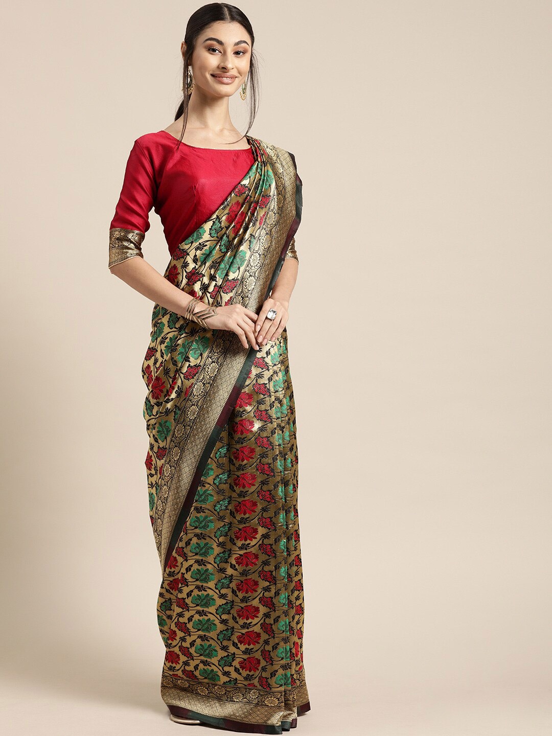 

KALINI Gold-Toned & Red Woven Design Zari Silk Blend Banarasi Saree