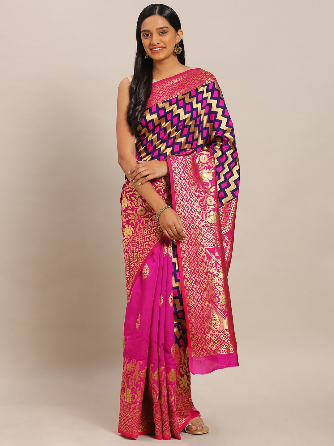 

KALINI Pink & Blue Woven Design Zari Silk Blend Banarasi Saree