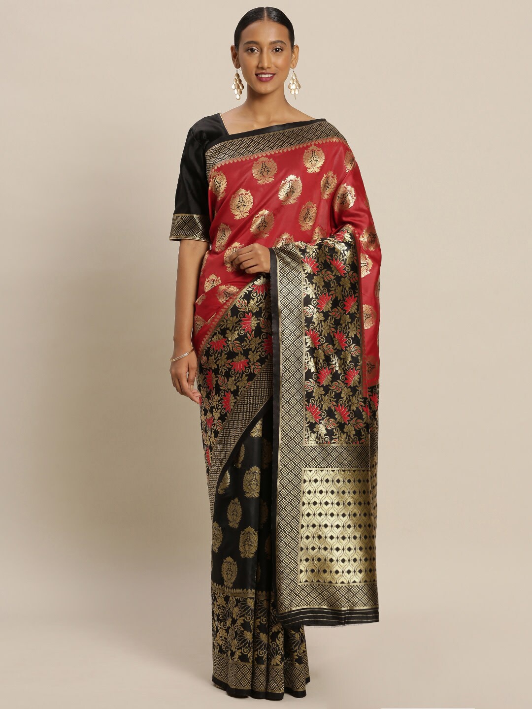 

KALINI Red & Black Woven Design Zari Silk Blend Banarasi Saree