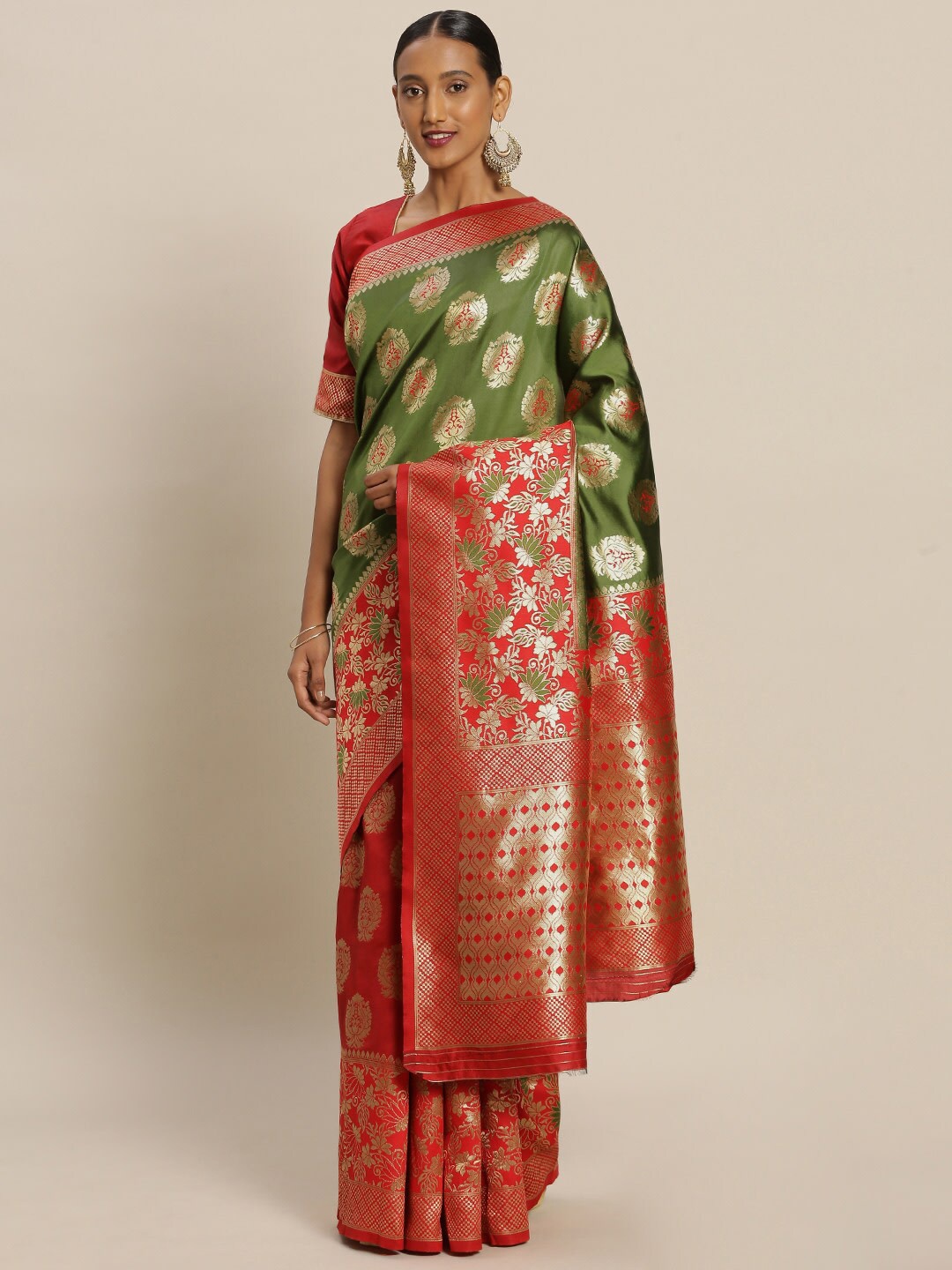 

KALINI Red & Green Ethnic Motifs Zari Silk Blend Banarasi Saree