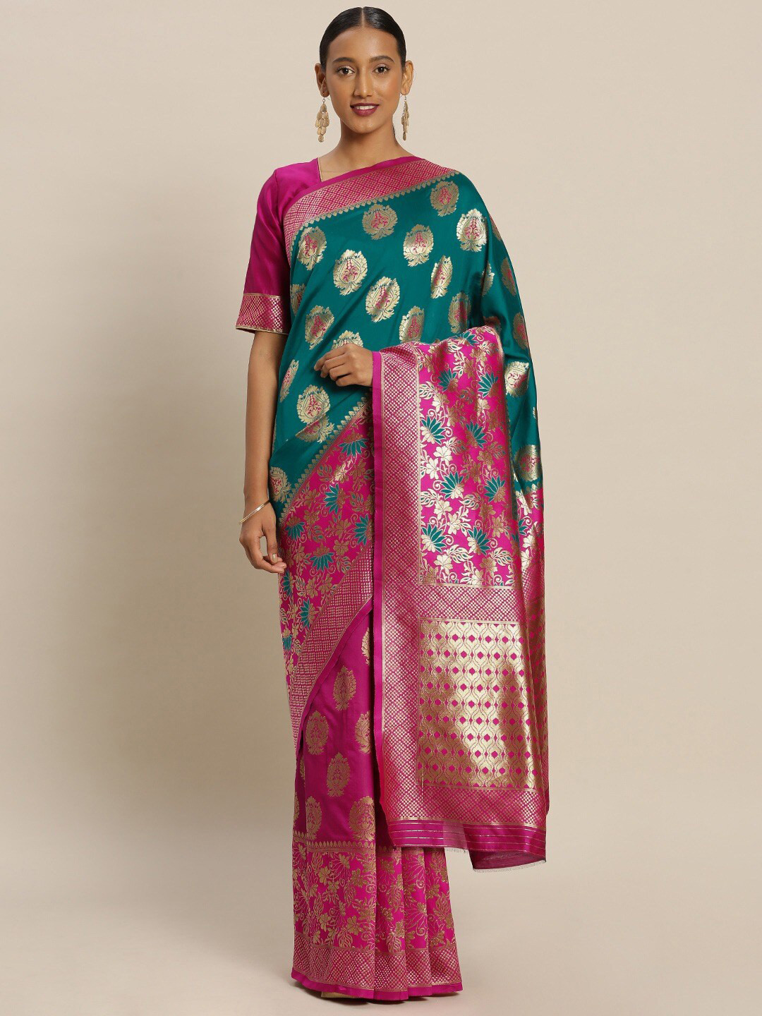 

KALINI Pink & Green Woven Design Zari Silk Blend Banarasi Saree