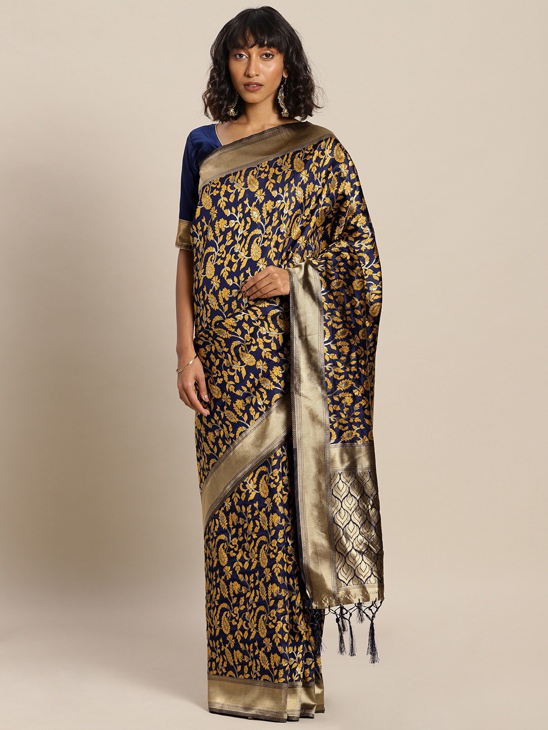 

KALINI Blue & Mustard Woven Design Zari Silk Blend Banarasi Saree