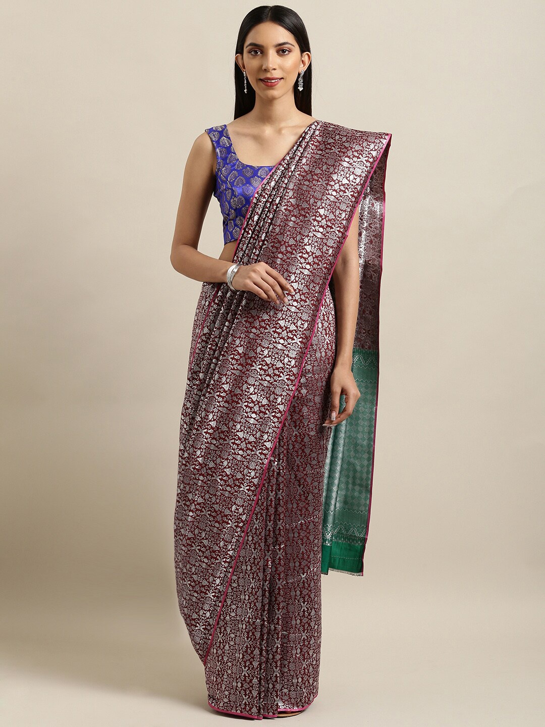 

KALINI Purple & Silver-Toned Woven Design Zari Silk Blend Banarasi Saree
