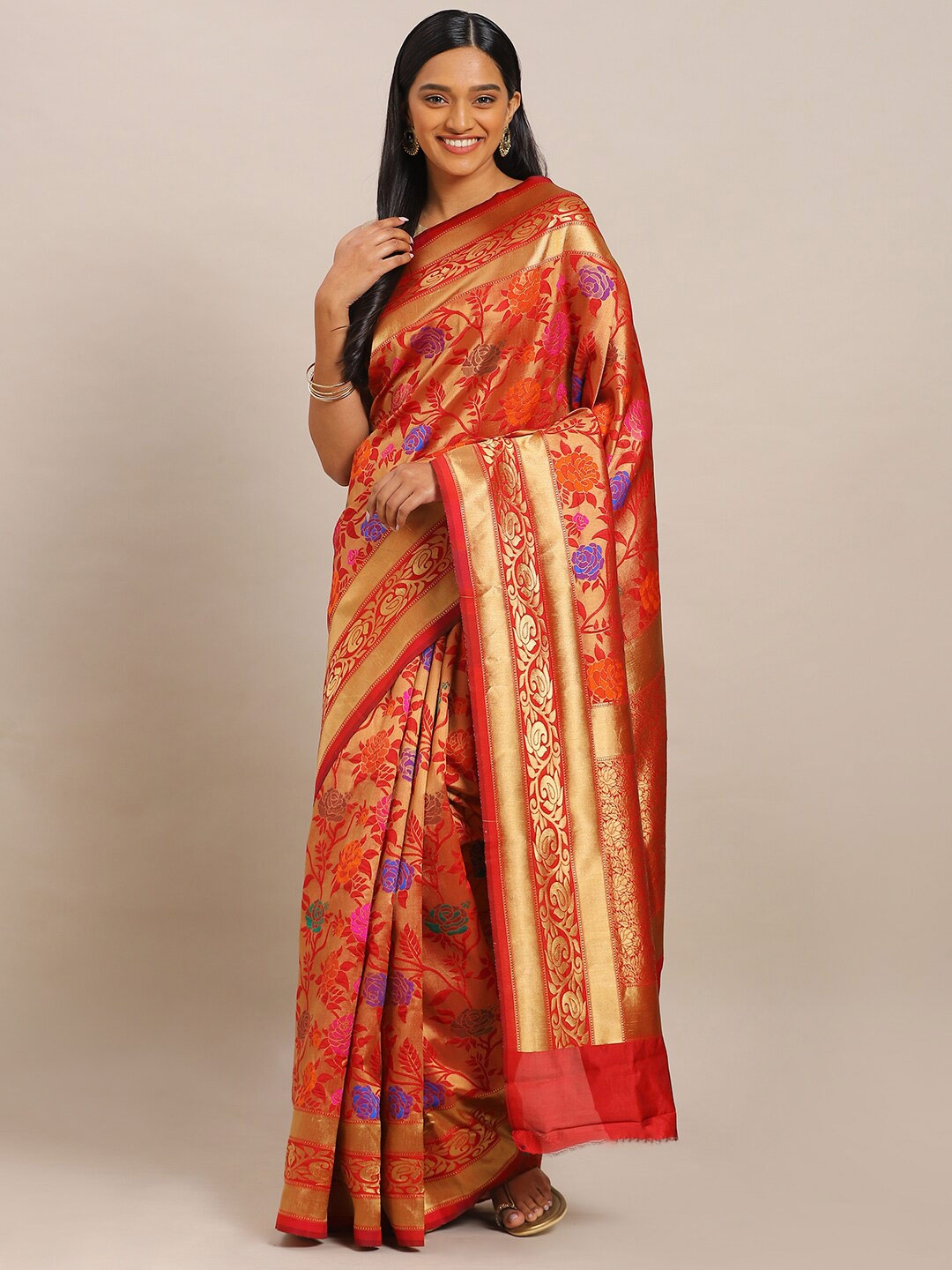 

KALINI Gold-Toned & Red Woven Design Zari Silk Blend Banarasi Saree