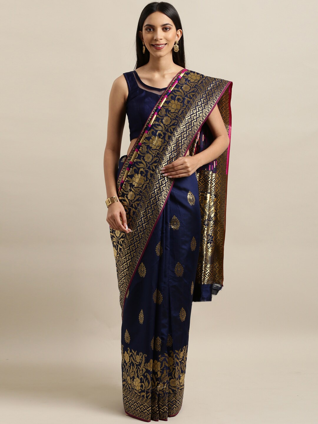 

KALINI Navy Blue & Gold-Toned Woven Design Zari Silk Blend Banarasi Saree