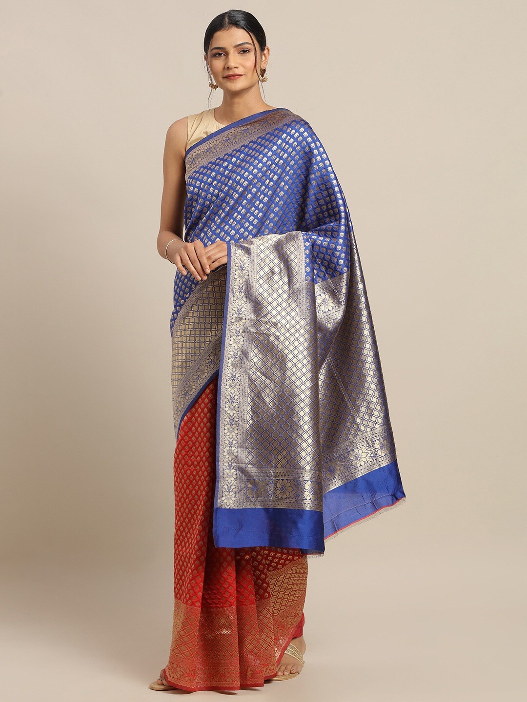 

KALINI Blue & Red Woven Design Zari Silk Blend Banarasi Saree