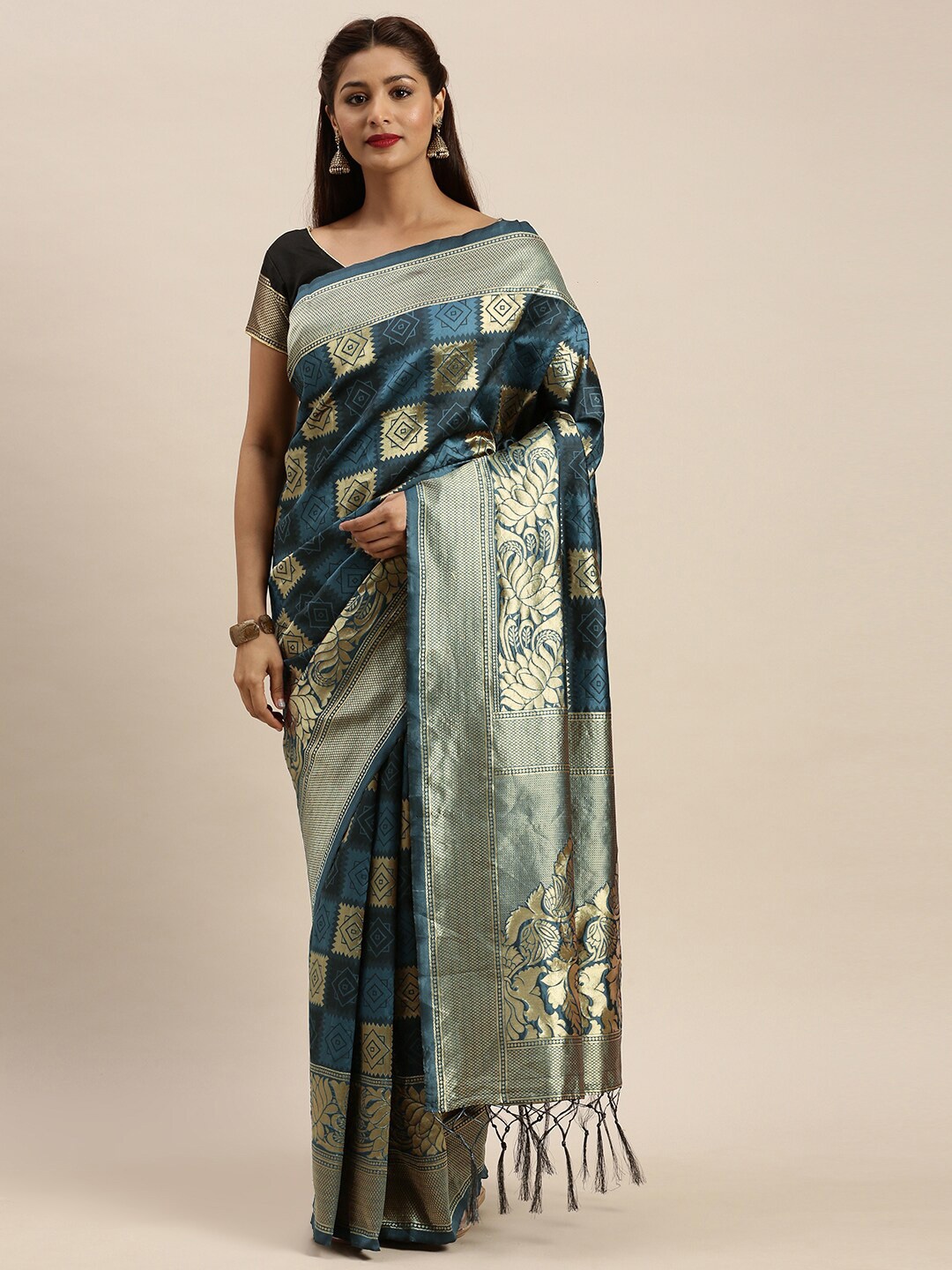 

KALINI Women Blue & Gold-Toned Woven Design Zari Silk Blend Banarasi Saree