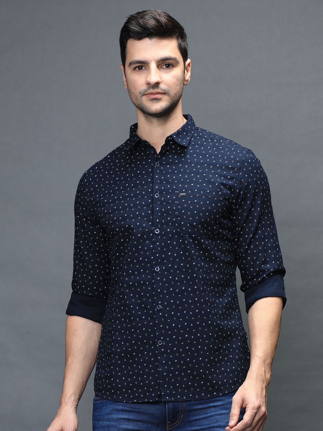 

IDENTITI Men's Navy Long Sleeves Blue Slim Fit Printed Casual Shirt, Navy blue