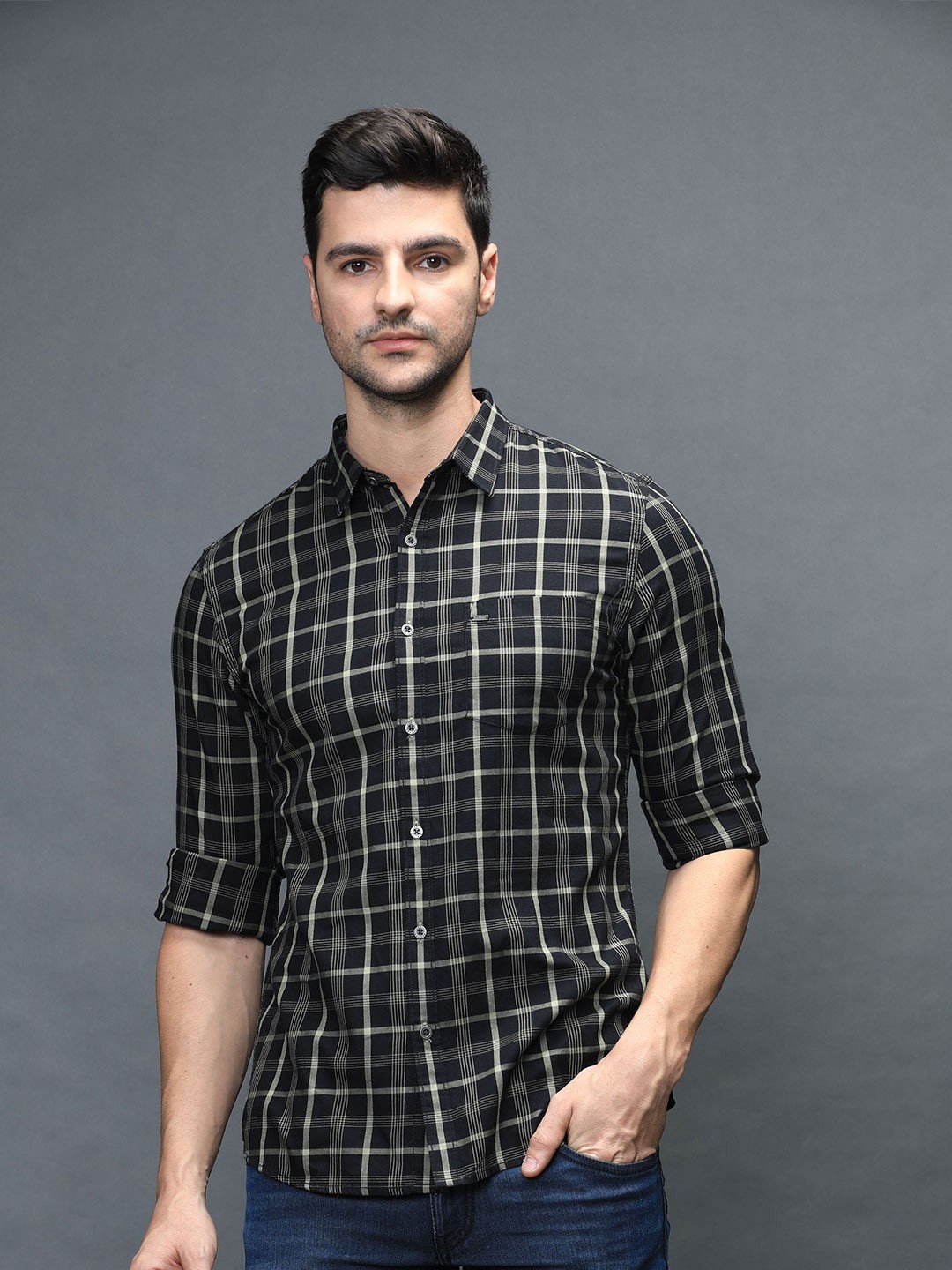

IDENTITI Men Black Slim Fit Grid Tattersall Checks Checked Casual Shirt