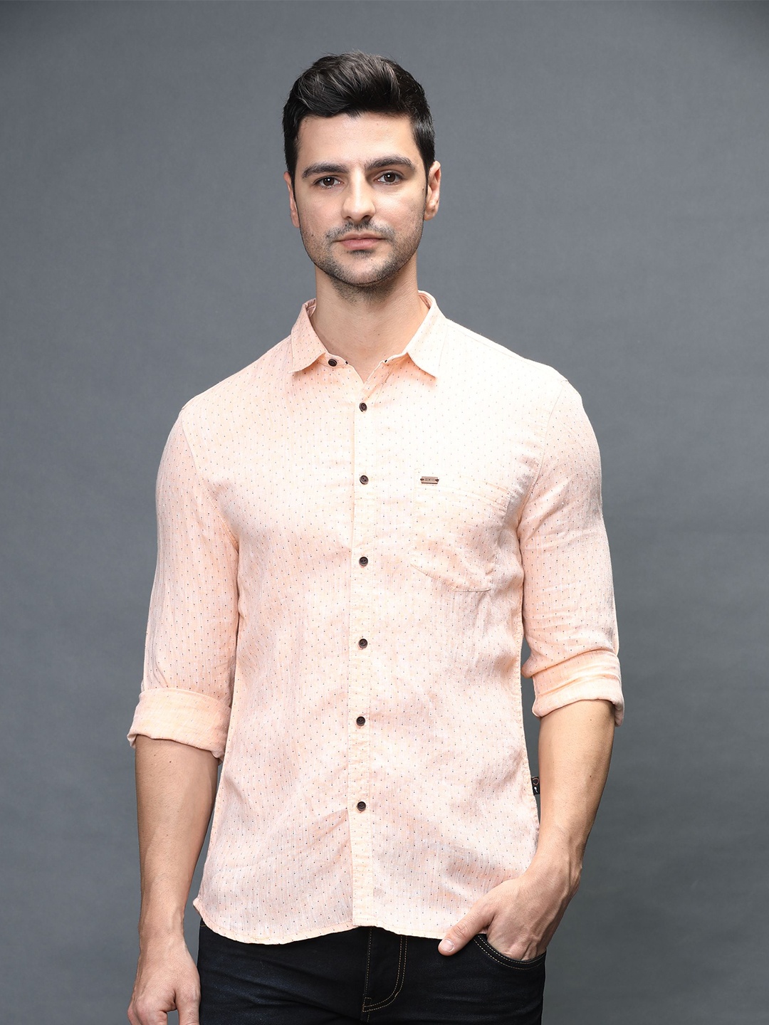 

IDENTITI Men Peach-Coloured Slim Fit Printed Casual Shirt