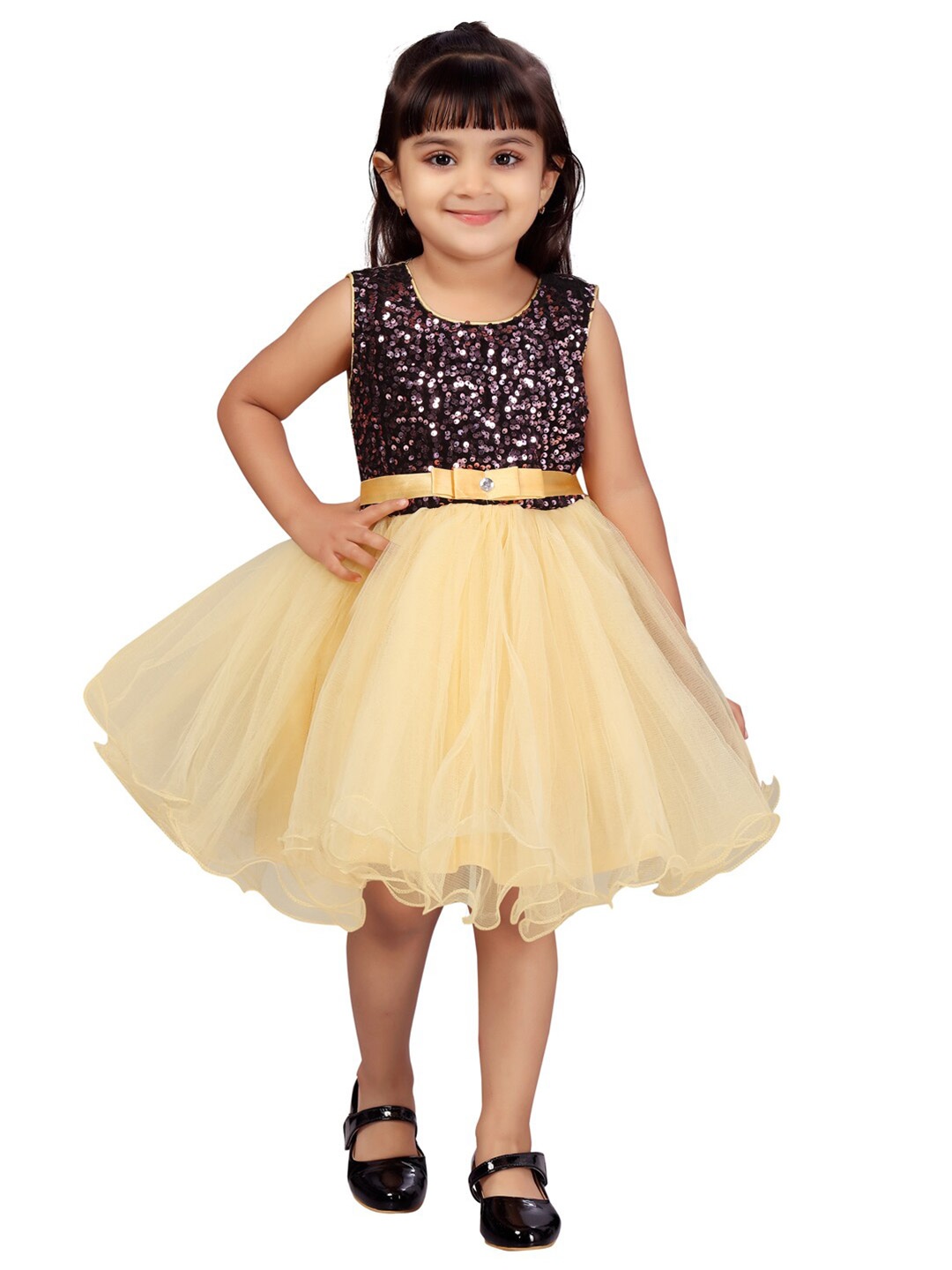 

Aarika Girls Beige & Purple Embellished Net Fit & Flare Dress