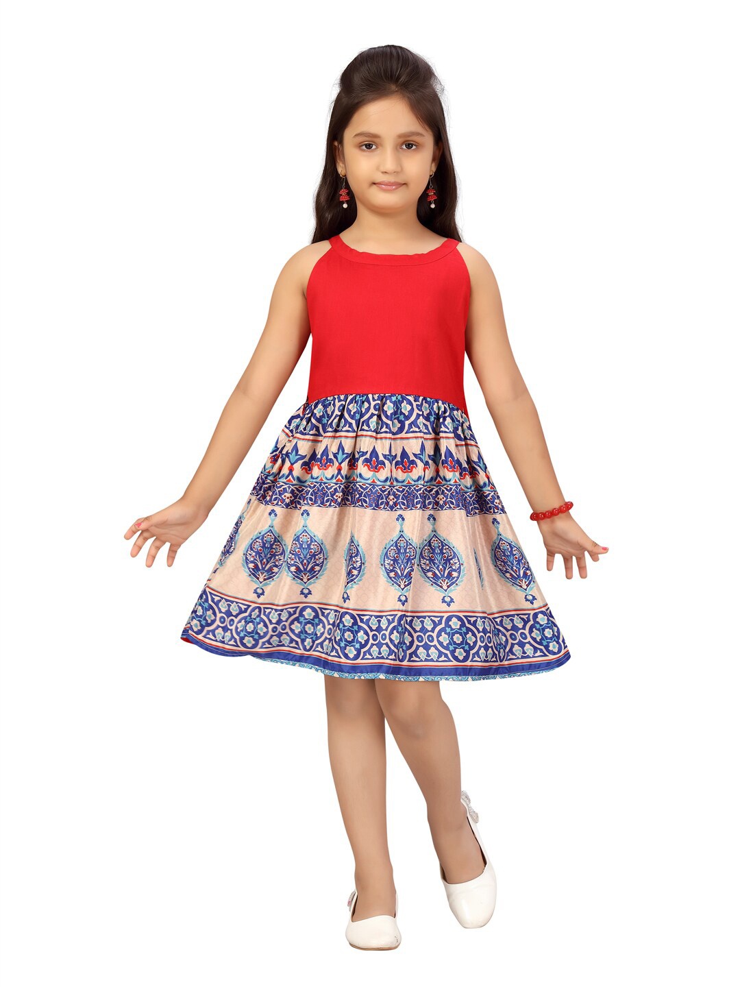 

Aarika Girls Red & Beige Ethnic Motifs Fit & Flare Dress
