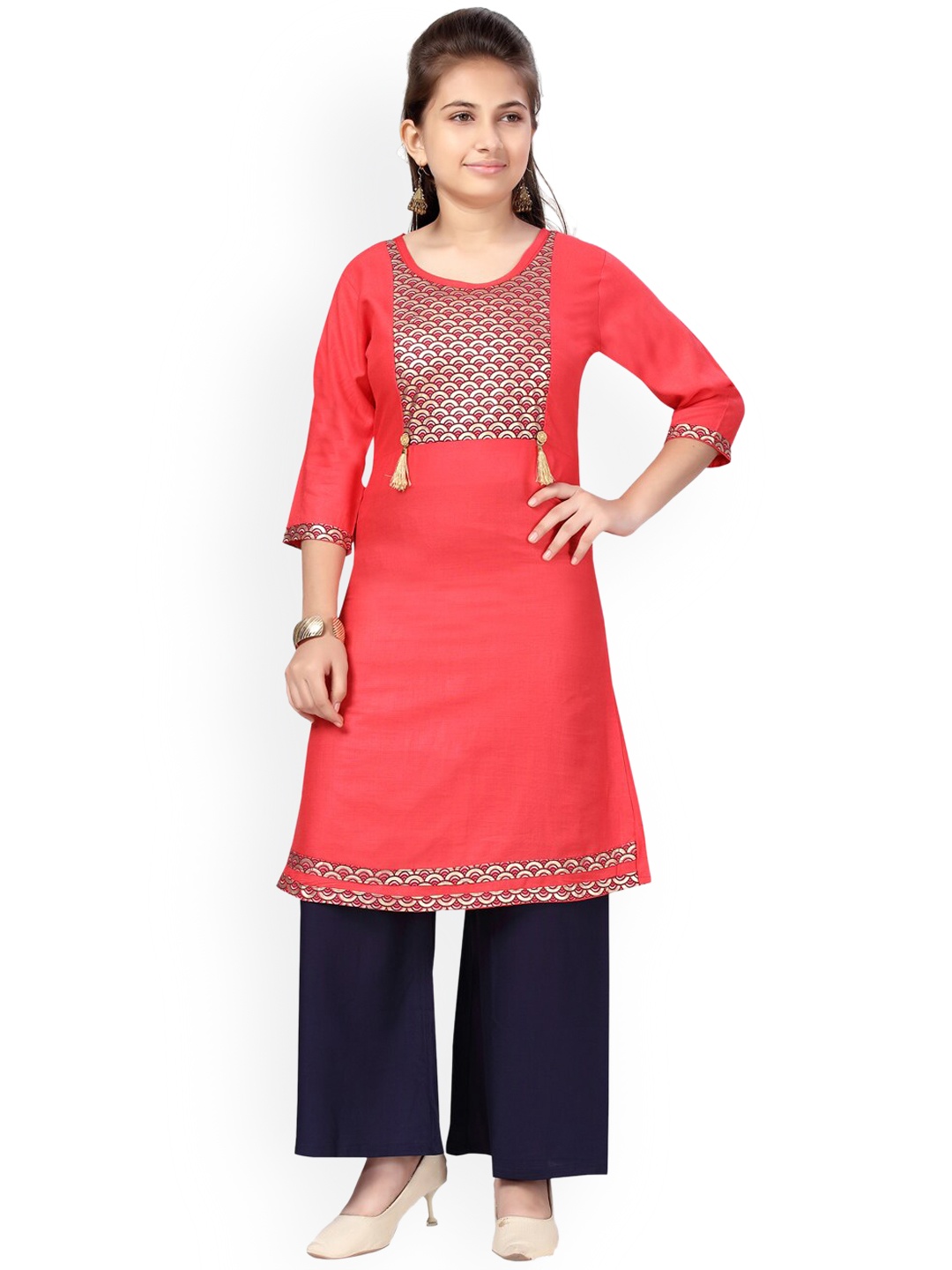 

Aarika Girls Red Printed Pure Cotton Kurti with Palazzos