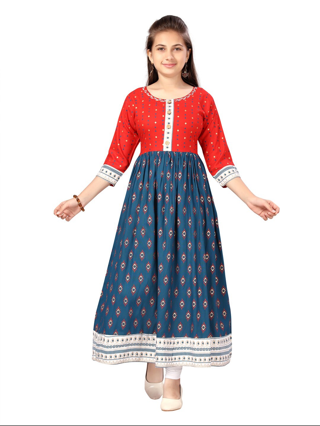 

Aarika Girls Red & Navy Blue Ethnic Motifs Printed Kurta