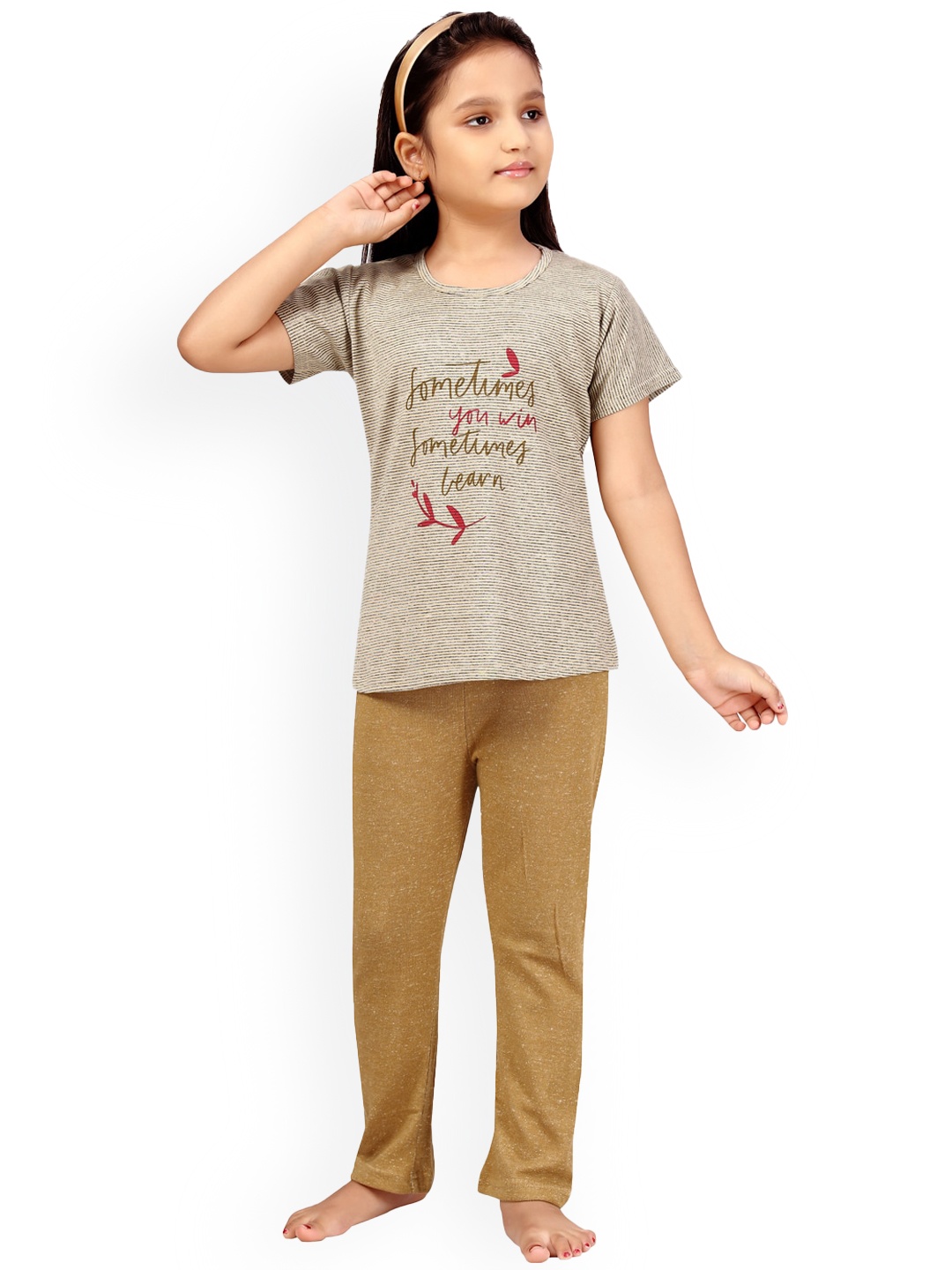 

Aarika Girls Beige & Brown Printed Night suit