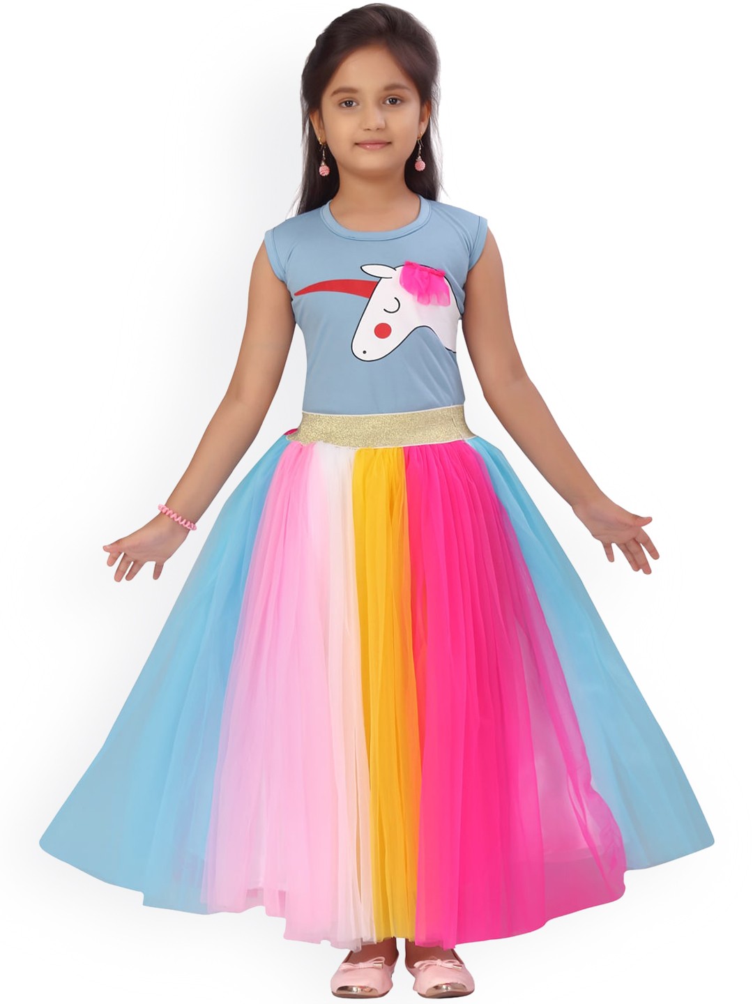 

Aarika Girls Turquoise Blue & Pink Printed Top with Skirt