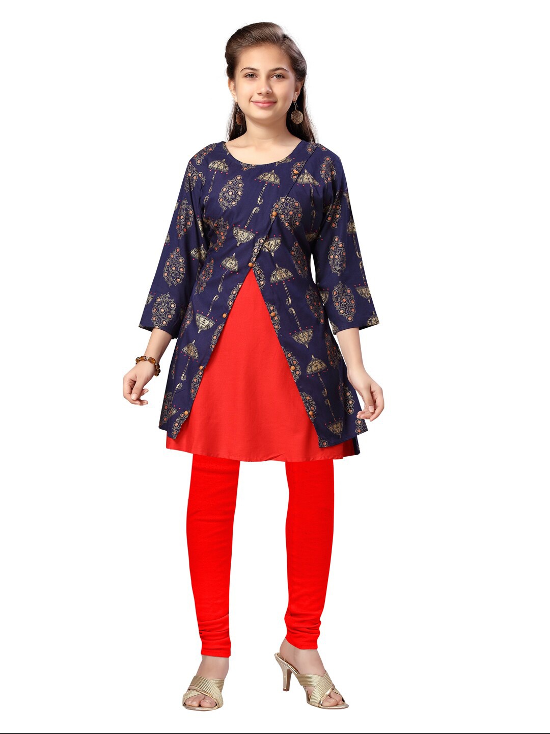 

Aarika Girls Navy Blue & Red Ethnic Motifs Printed Pure Cotton Kurta