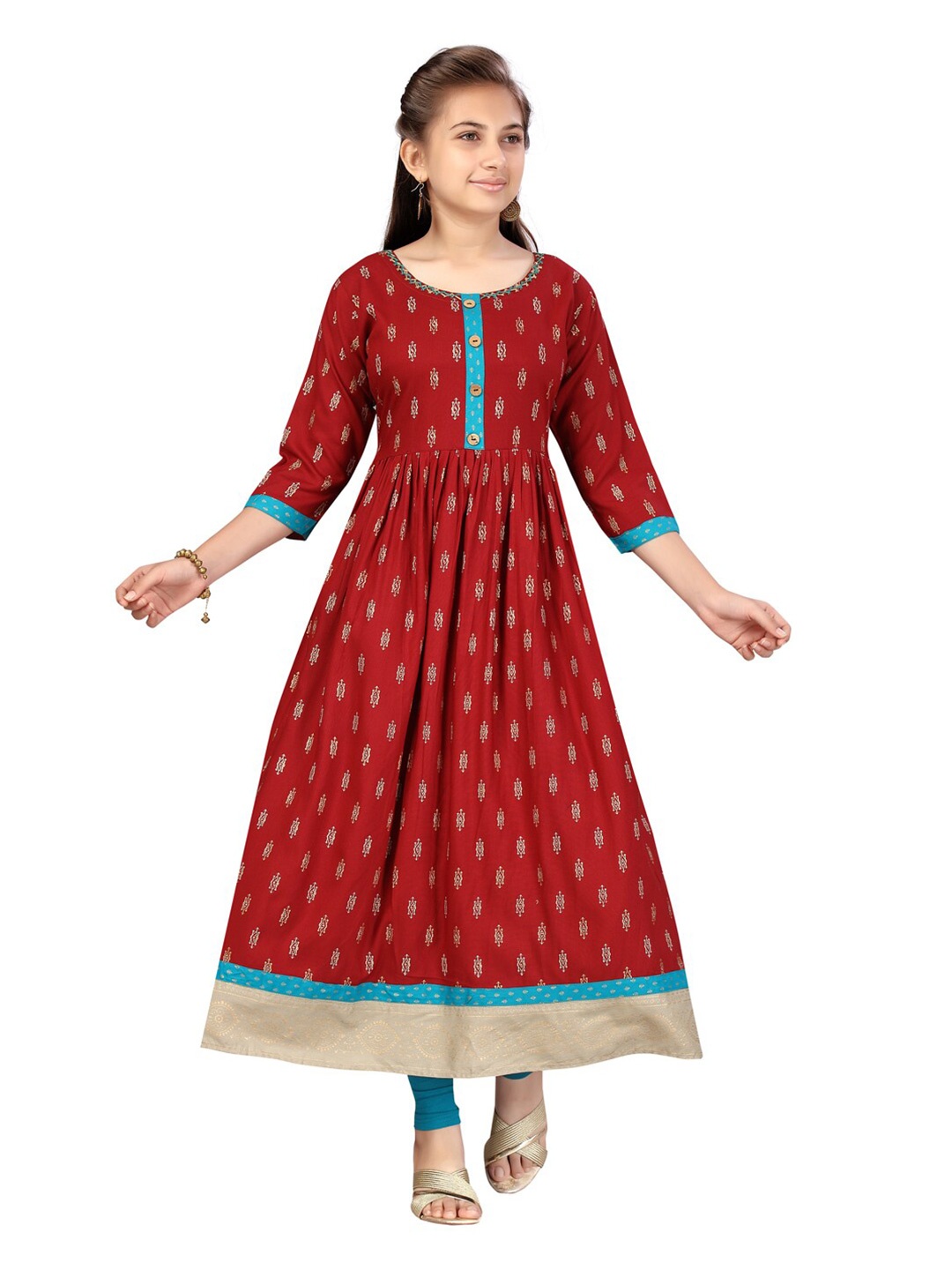 

Aarika Girls Maroon & Turquoise Blue Ethnic Motifs Printed Cotton Anarkali Kurta