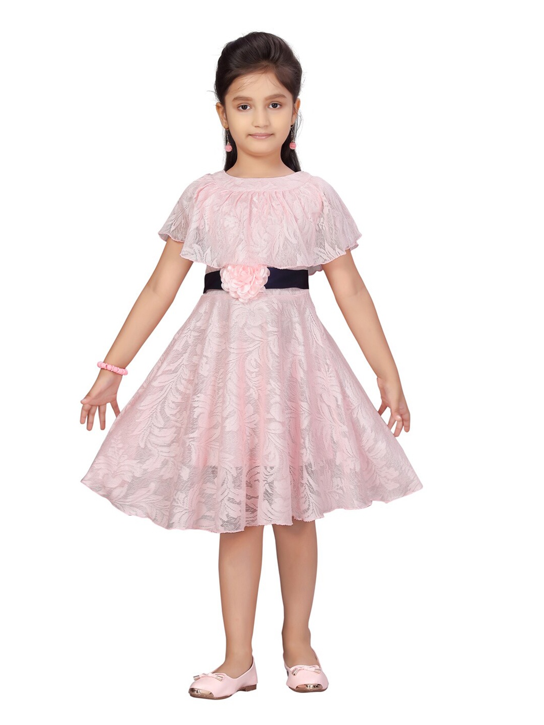 

Aarika Pink Net Fit and Flare Dress with a flower buckled belt and Cape sleeves