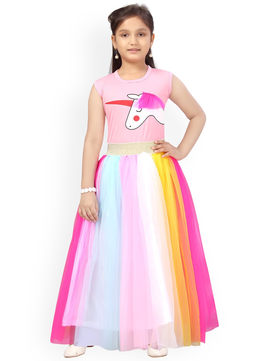

Aarika Girls Pink & Blue Printed Top with Skirt