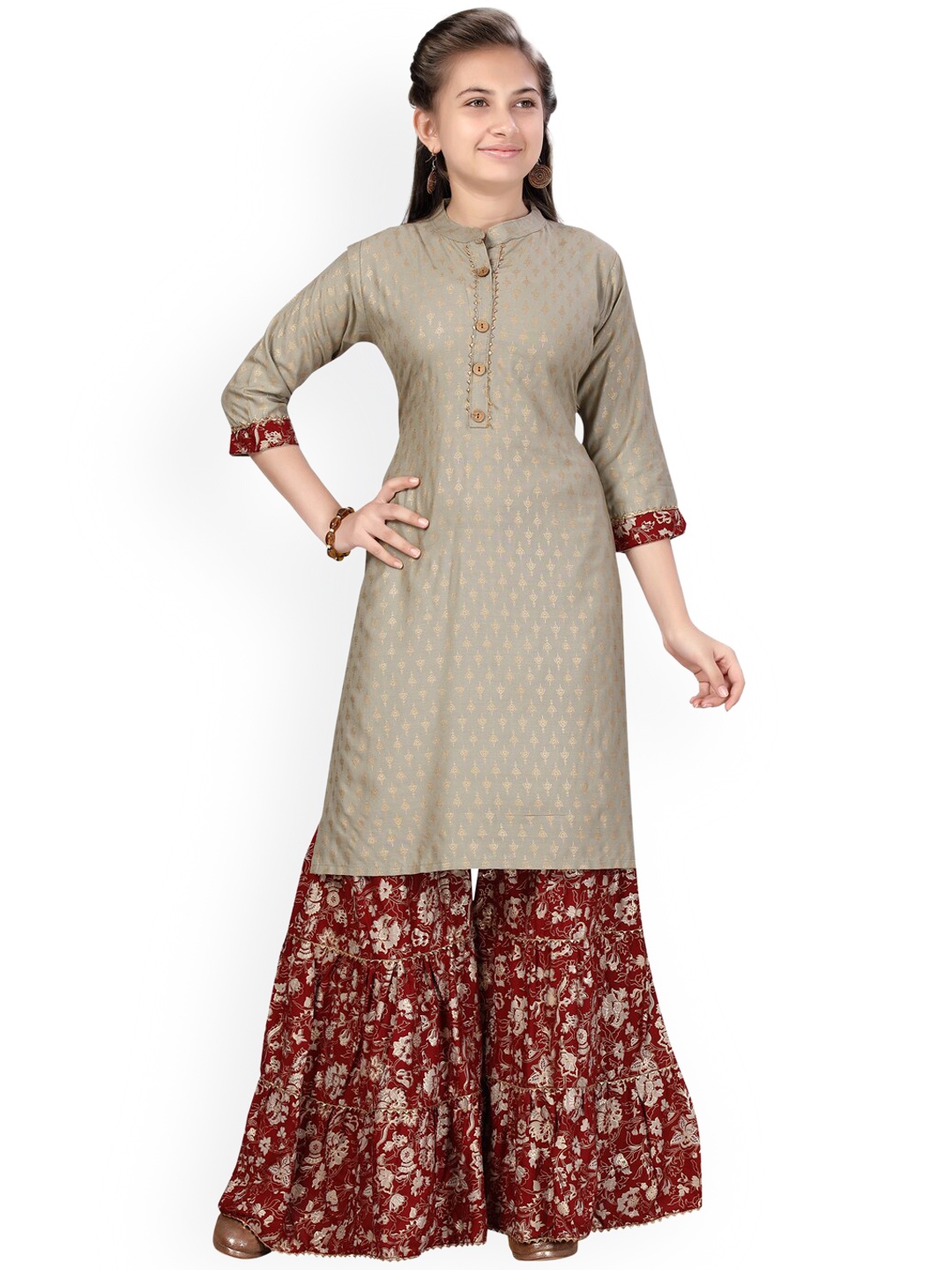 

Aarika Girls Grey Ethnic Motifs Printed Pure Cotton Kurta with Sharara
