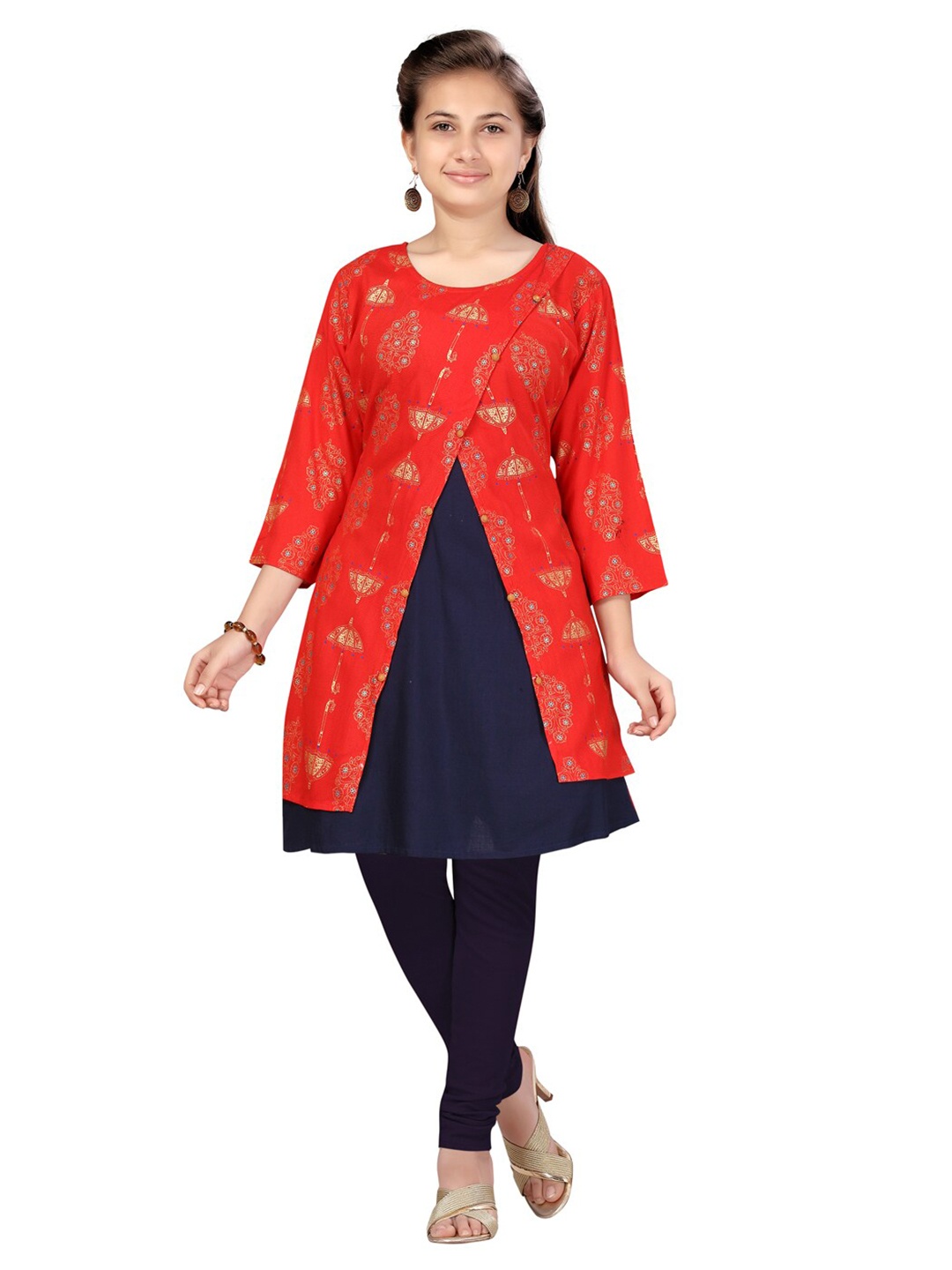 

Aarika Girls Red & Navy Blue Ethnic Motifs Printed Kurta