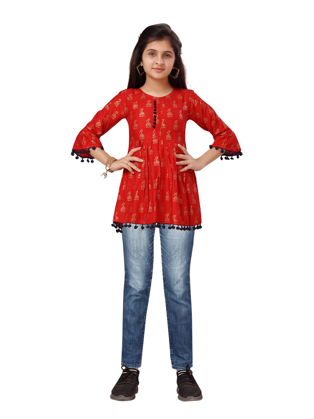 

Aarika Red & Black Pom-Pom Etcnic Print Top