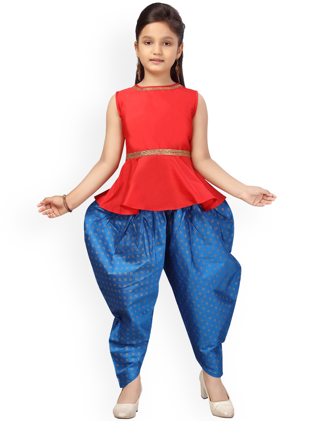 

Aarika Girls Red Pure Silk Kurti with Dhoti Pants