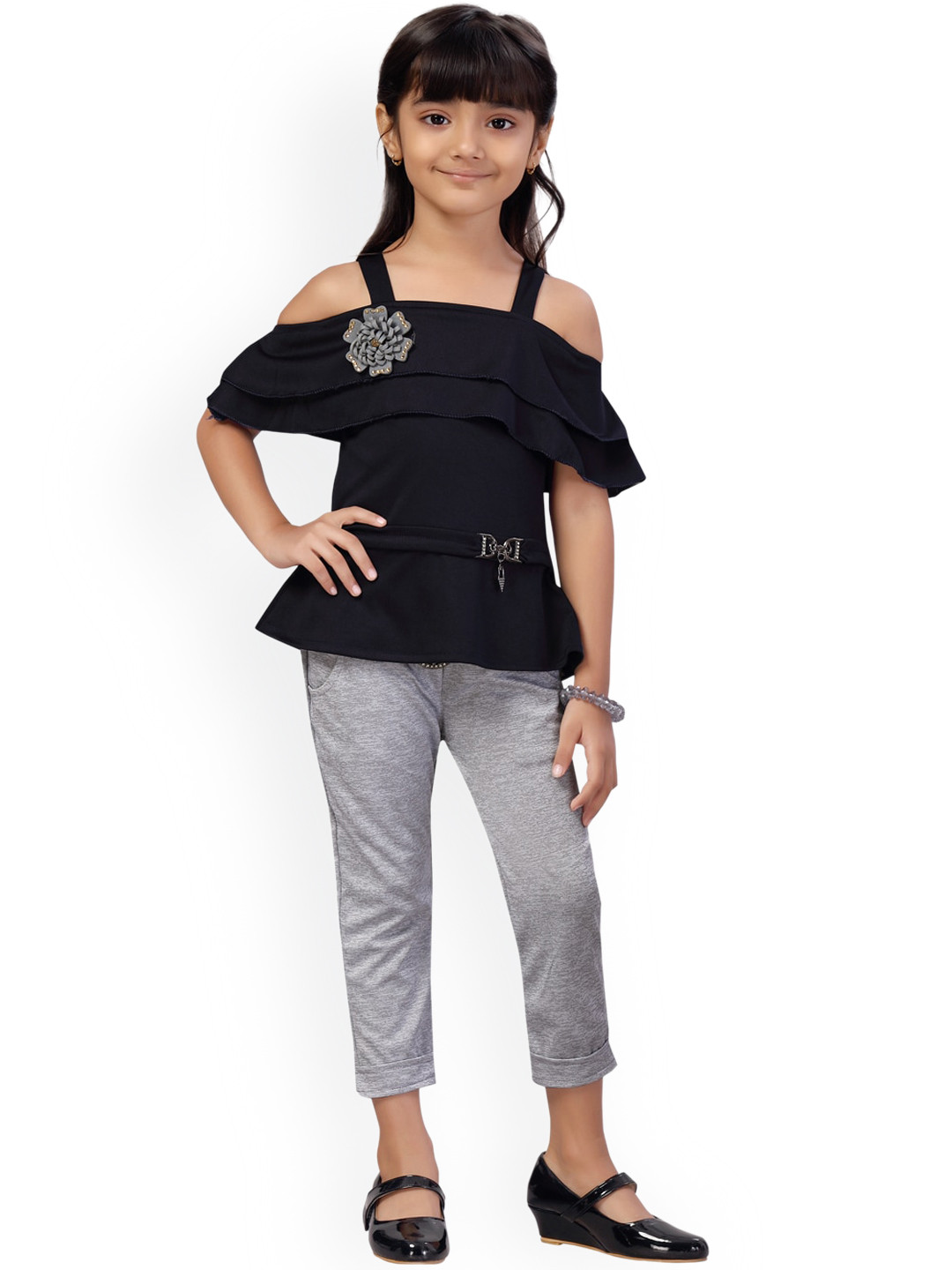 

Aarika Girls Navy Blue & Grey Shoulder Straps Top with Trousers