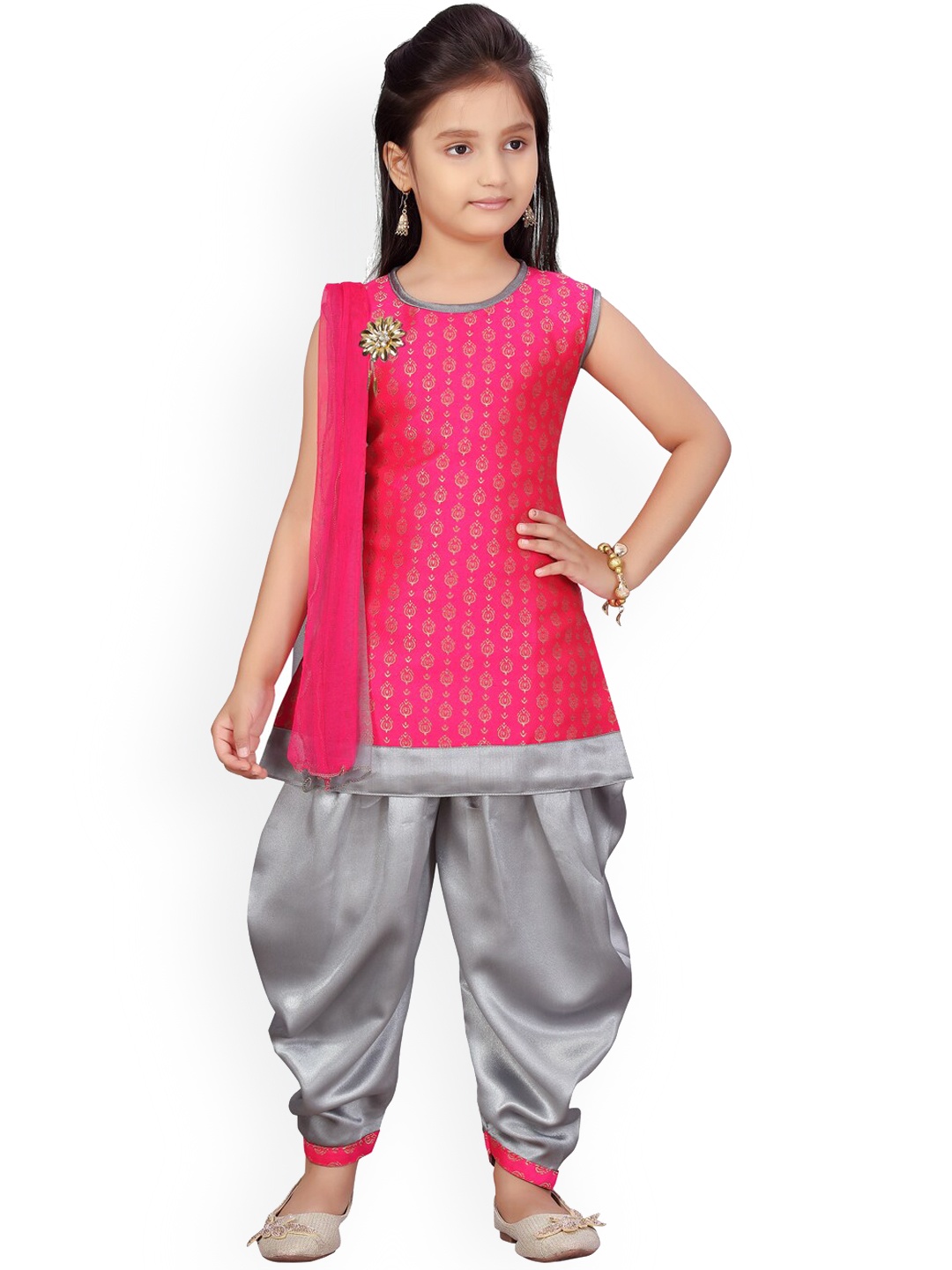 

Aarika Girls Pink Ethnic Motifs Printed Pure Cotton Kurti with Patiala & With Dupatta