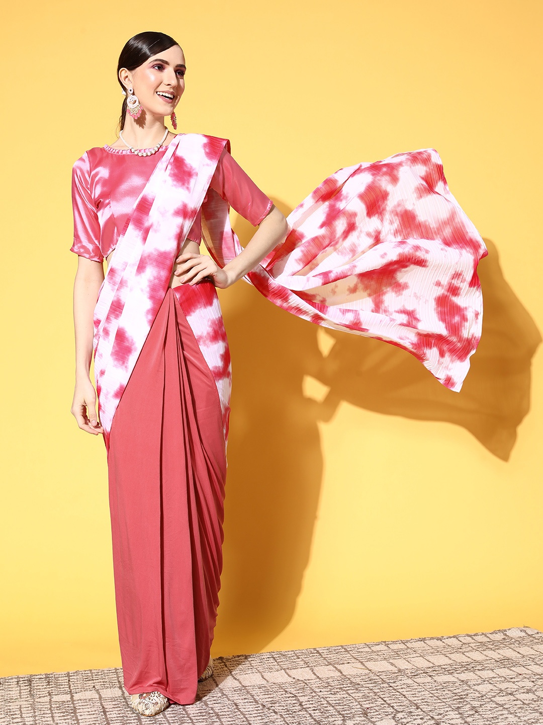 

Kalista Tie and Dye Ready To Wear Saree, Pink
