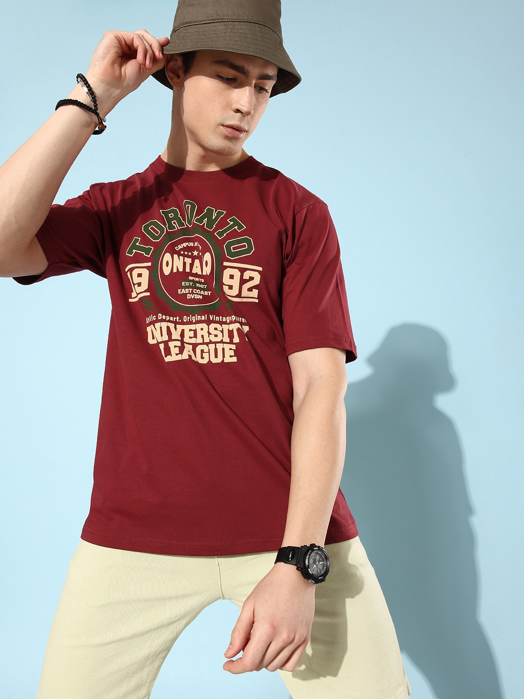 

DILLINGER Men Maroon Typography Printed Pure Cotton Oversized T-shirt