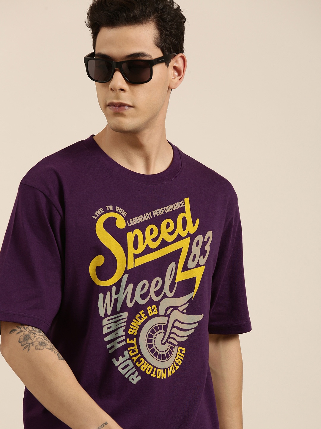 

DILLINGER Men Purple Typography Printed Pure Cotton Oversized T-shirt