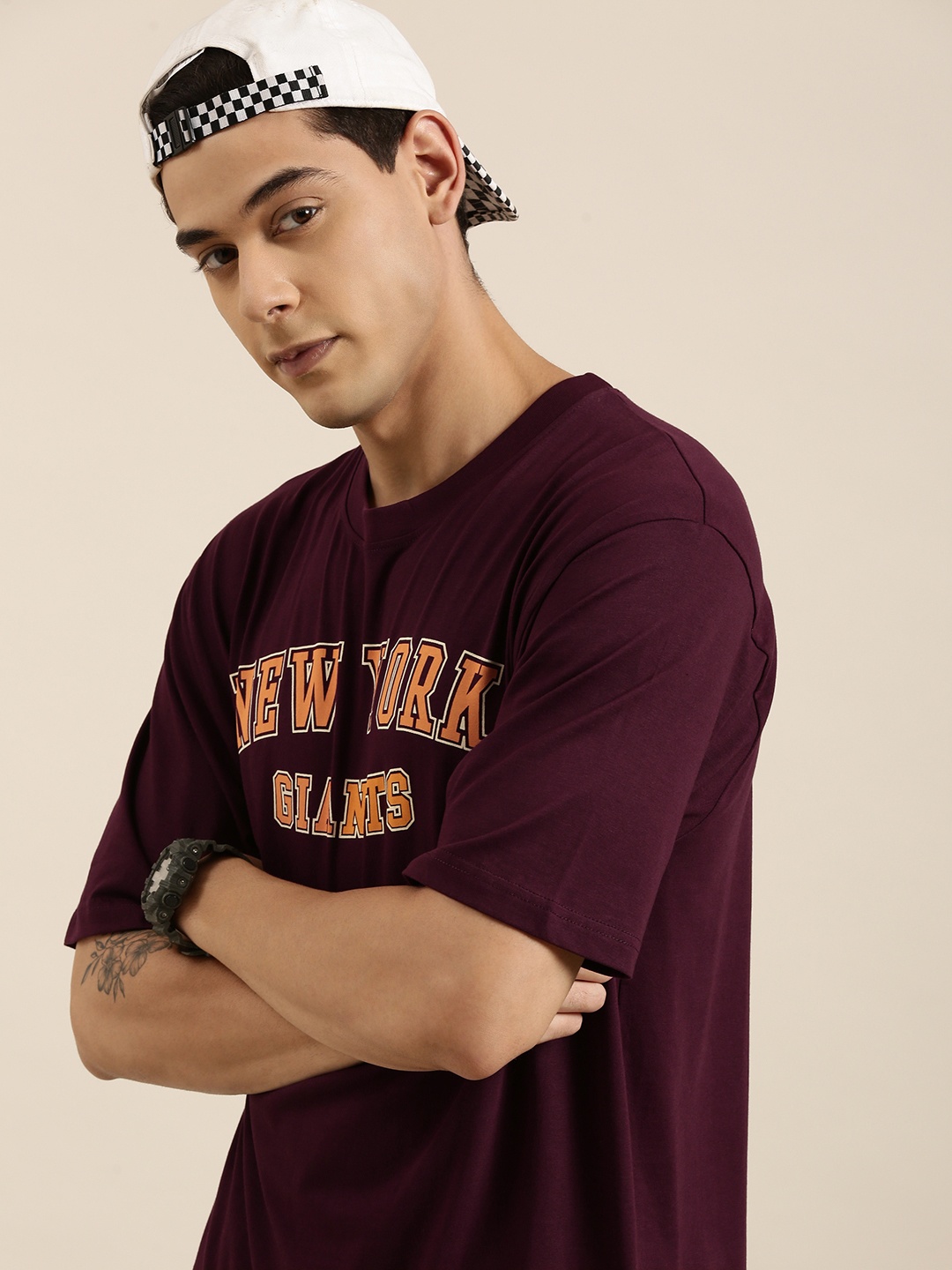 

DILLINGER Men Maroon Typography Printed Pure Cotton Oversized T-shirt
