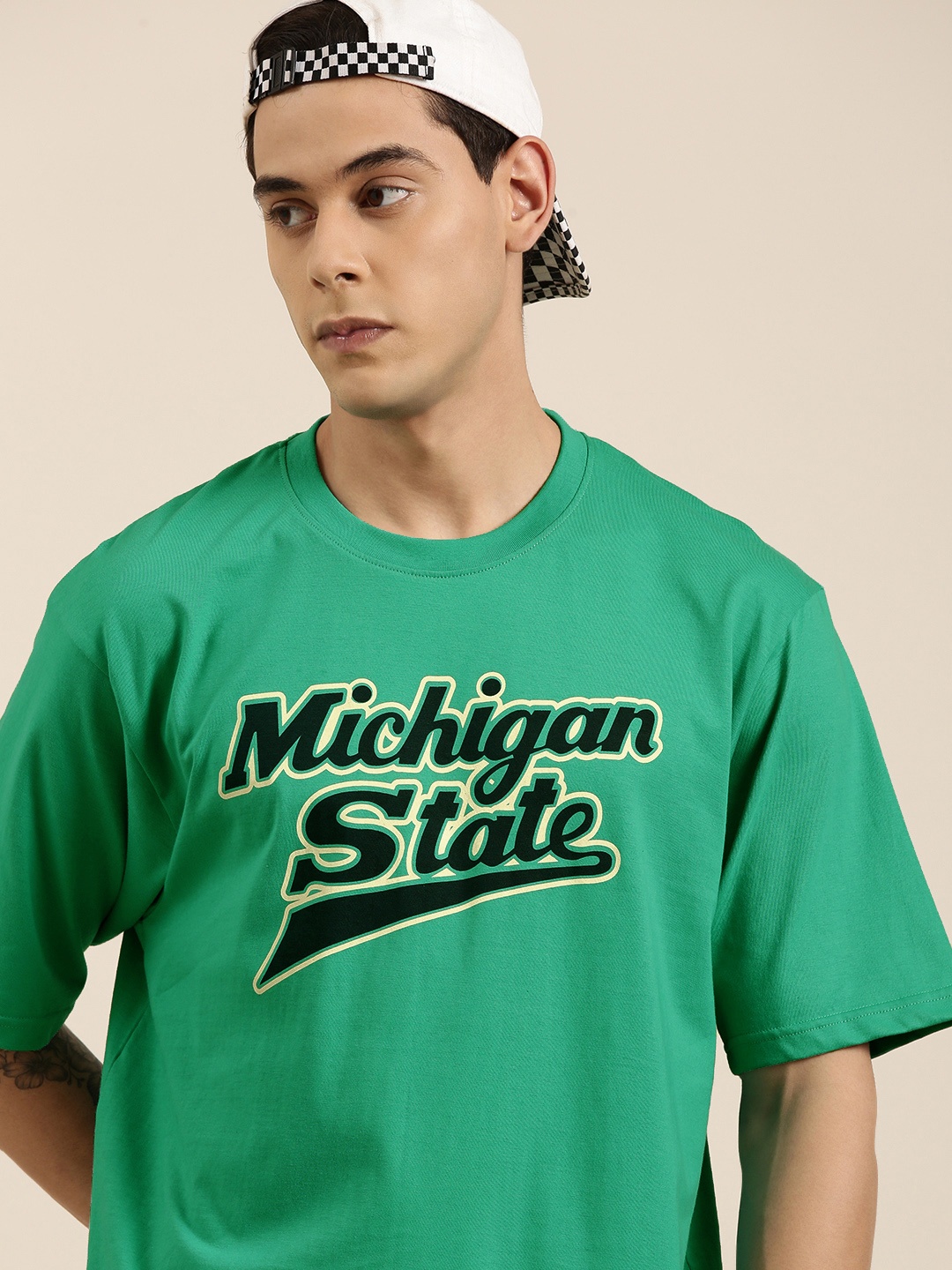 

DILLINGER Men Sea Green Typography Printed Pure Cotton Oversized T-shirt